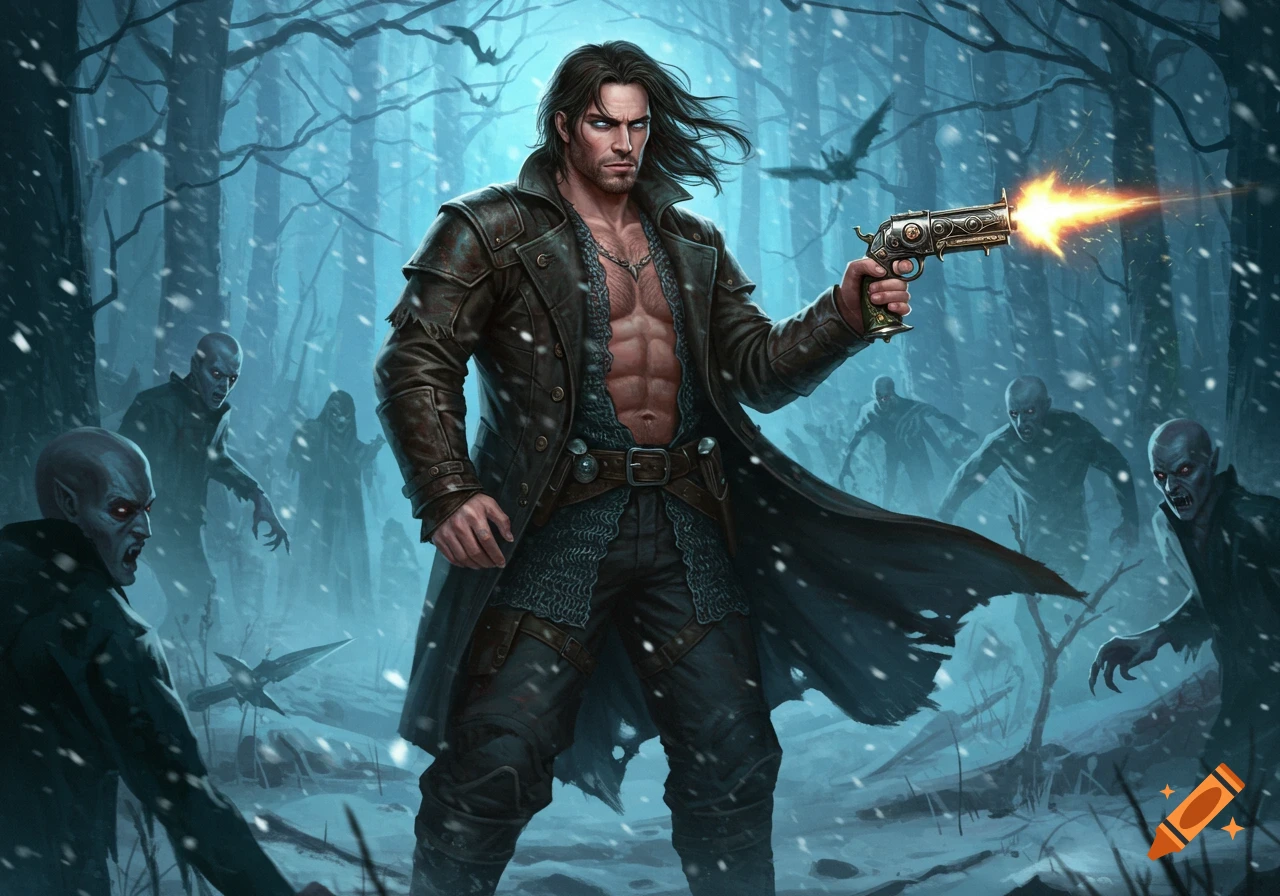 A rugged male hunter in an open leather coat fires a handgun at pale vampires in a snowy, dark forest, depicted in a realistic fantasy art style.