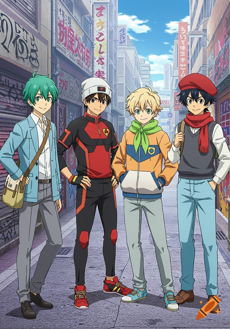 Four smiling male anime characters stand on a bustling city street with shops in the background.