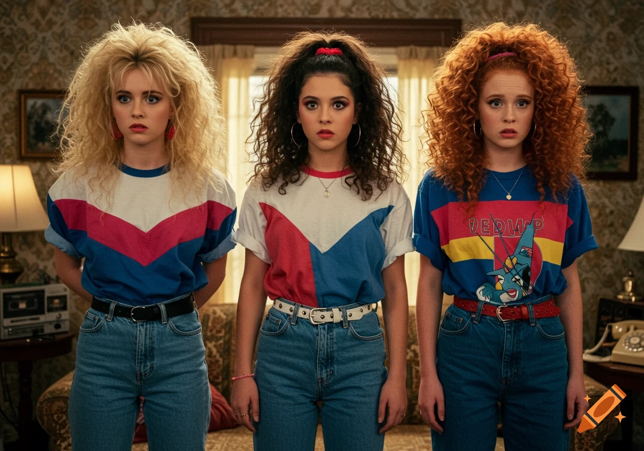 Three young women in 1980s fashion, one blonde, one brunette, and one redhead, standing side-by-side with surprised expressions.