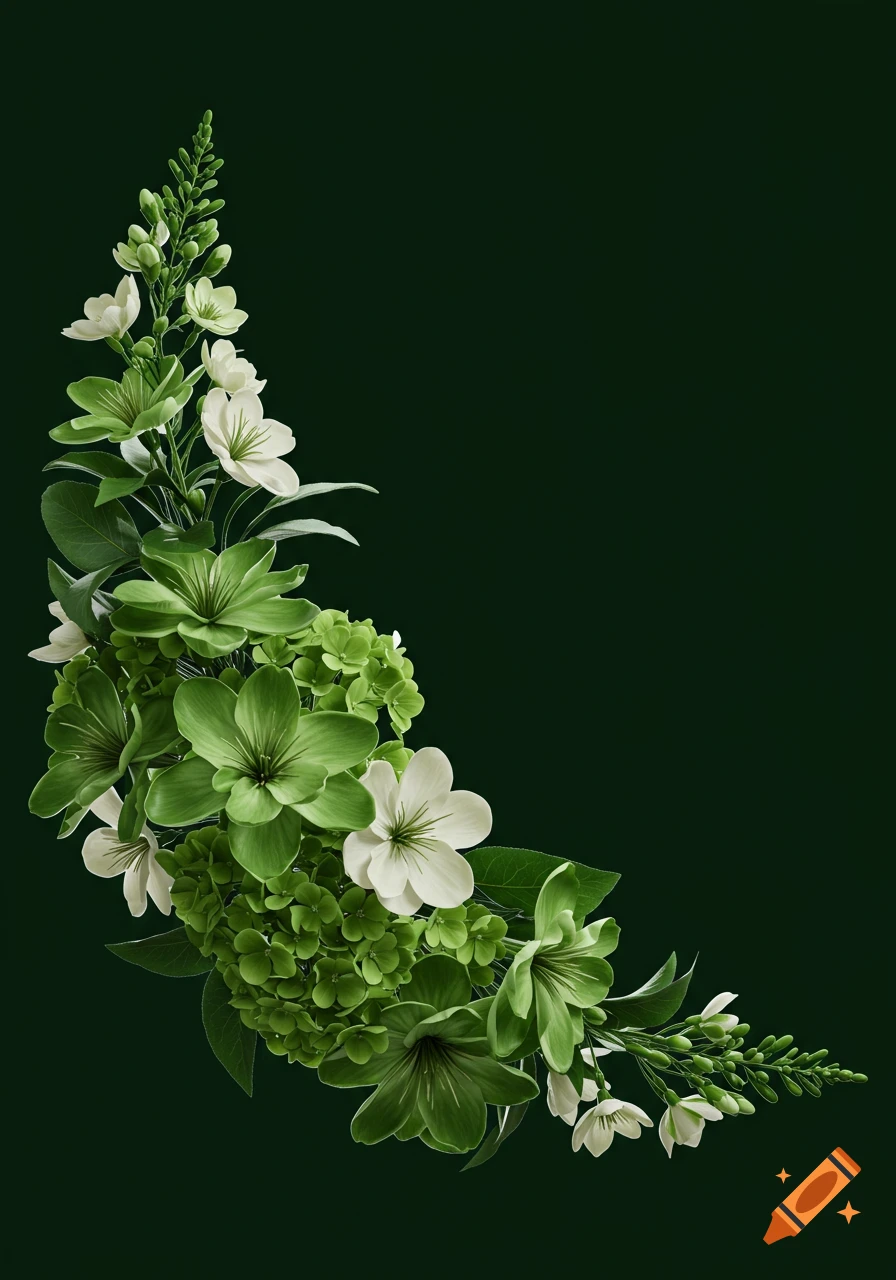 Realistic green and white flowers arranged in a corner on a dark background.