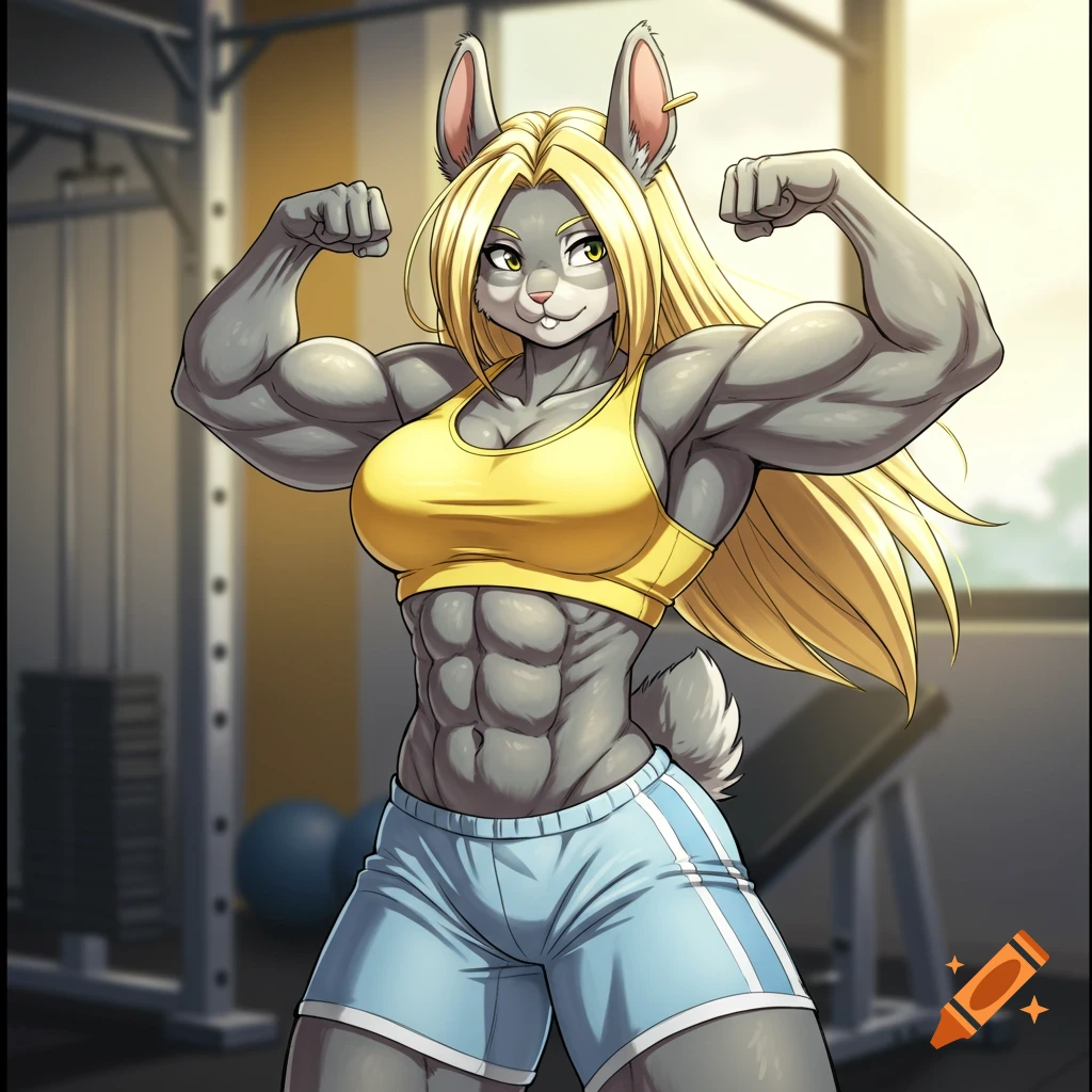 An anime webcomic drawing of a muscular humanoid gray rabbit with blonde hair, flexing in a gym.