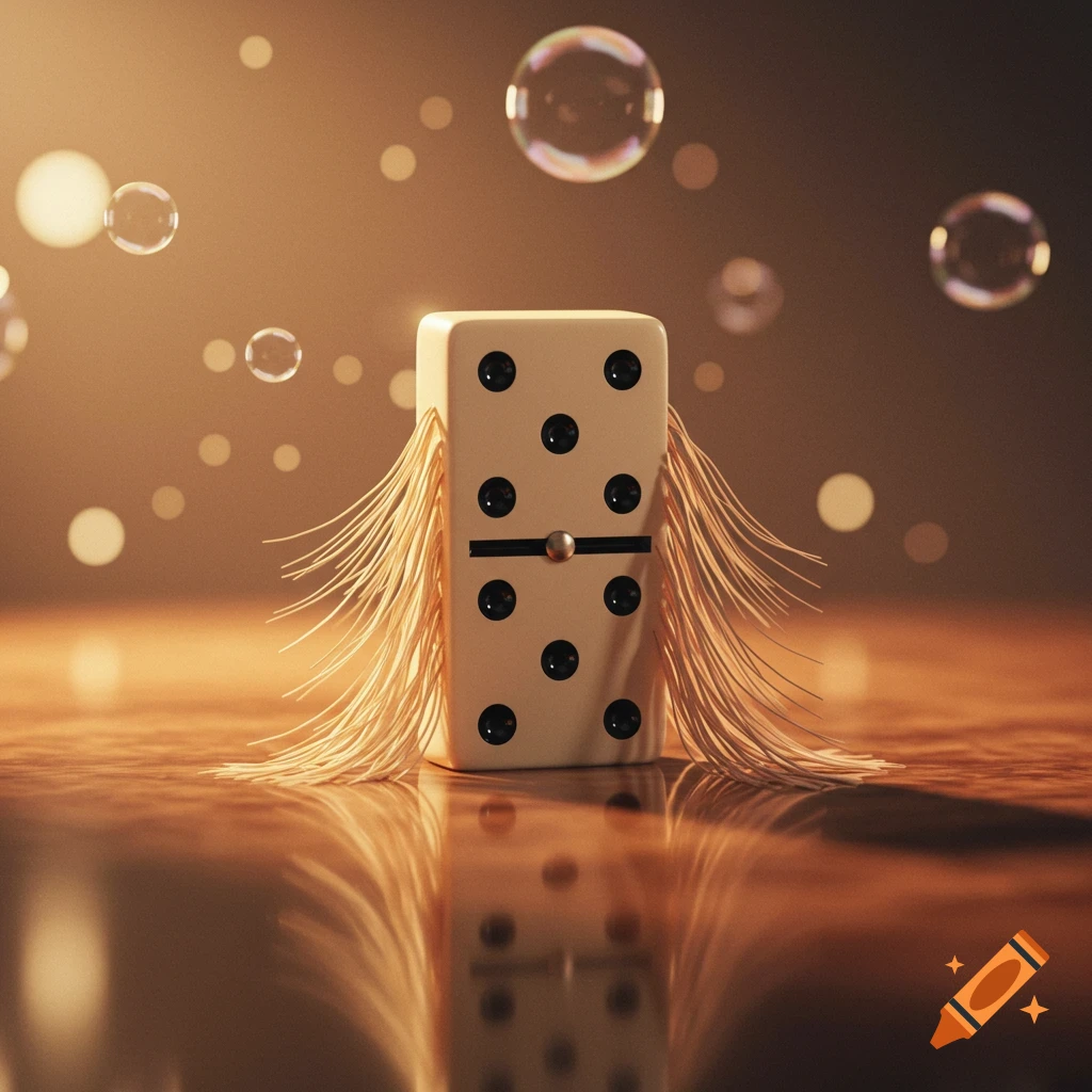 A domino with frilly fringe stands on a reflective surface amidst bubbles and bokeh lights in a warm, diffused setting.