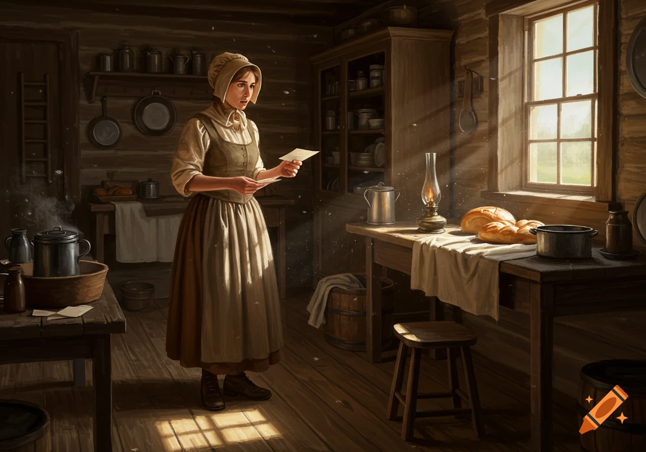 A woman in pioneer clothing stands in a rustic, sunlit kitchen, holding an unopened letter.