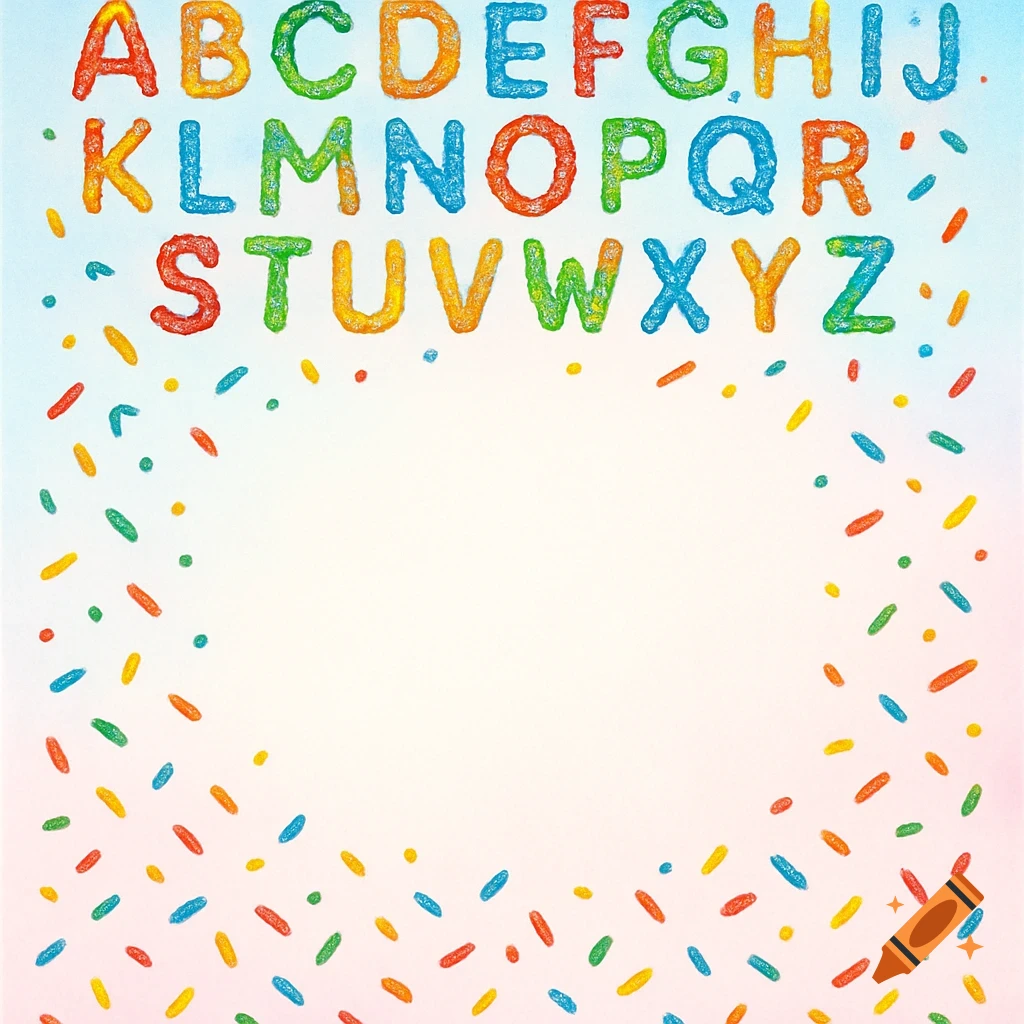 Colorful alphabet letters in a sprinkle-like texture, with scattered sprinkles on a light gradient background.