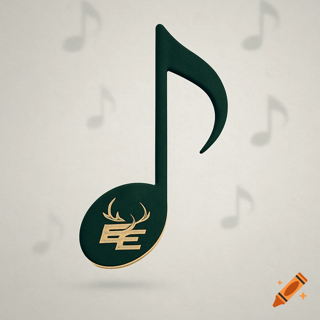 A dark green 3D music note with gold trim and the stylized Edmonton Elks 'EE' logo with antlers on it, casting a shadow on a light background.