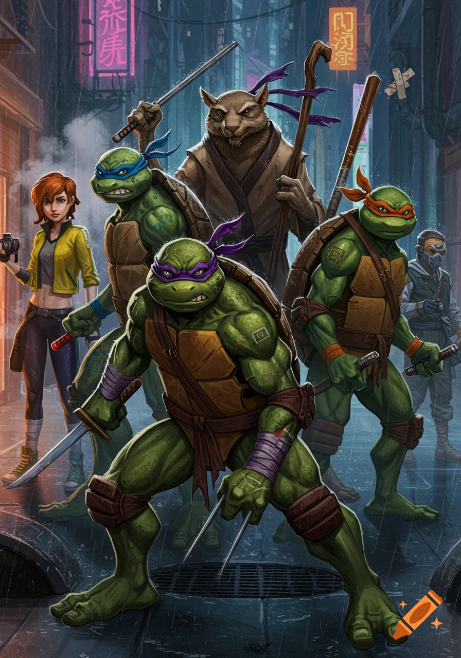 A stylized illustration of the Teenage Mutant Ninja Turtles, Master Splinter, April O'Neil, and Casey Jones in a rainy, neon-lit alley.