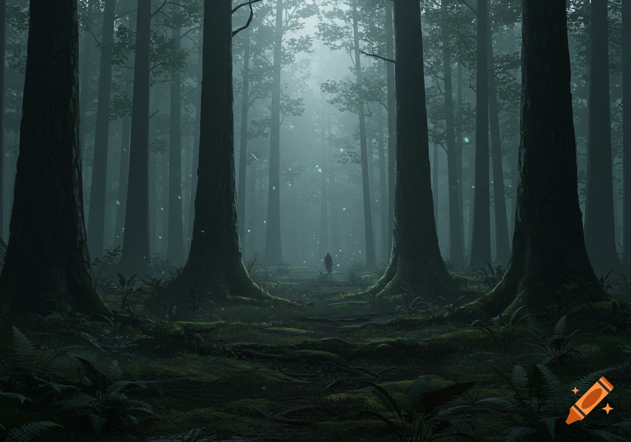 A person stands on a path in a dark, misty forest with tall, mossy trees, and ethereal light in the background.