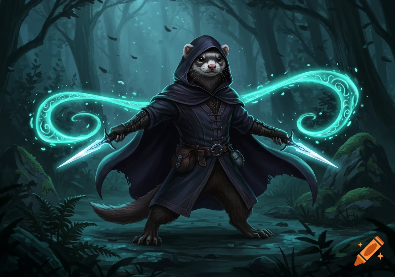 A fantasy illustration of an anthropomorphic ferret magus in a dark cloak, holding glowing daggers in a mystical forest.
