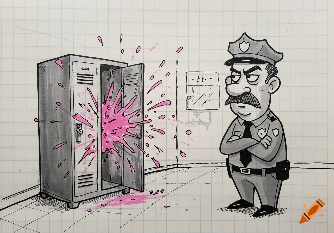 A cartoon doodle drawing of a grumpy police officer with crossed arms observing a school locker spewing pink goo on graph paper.