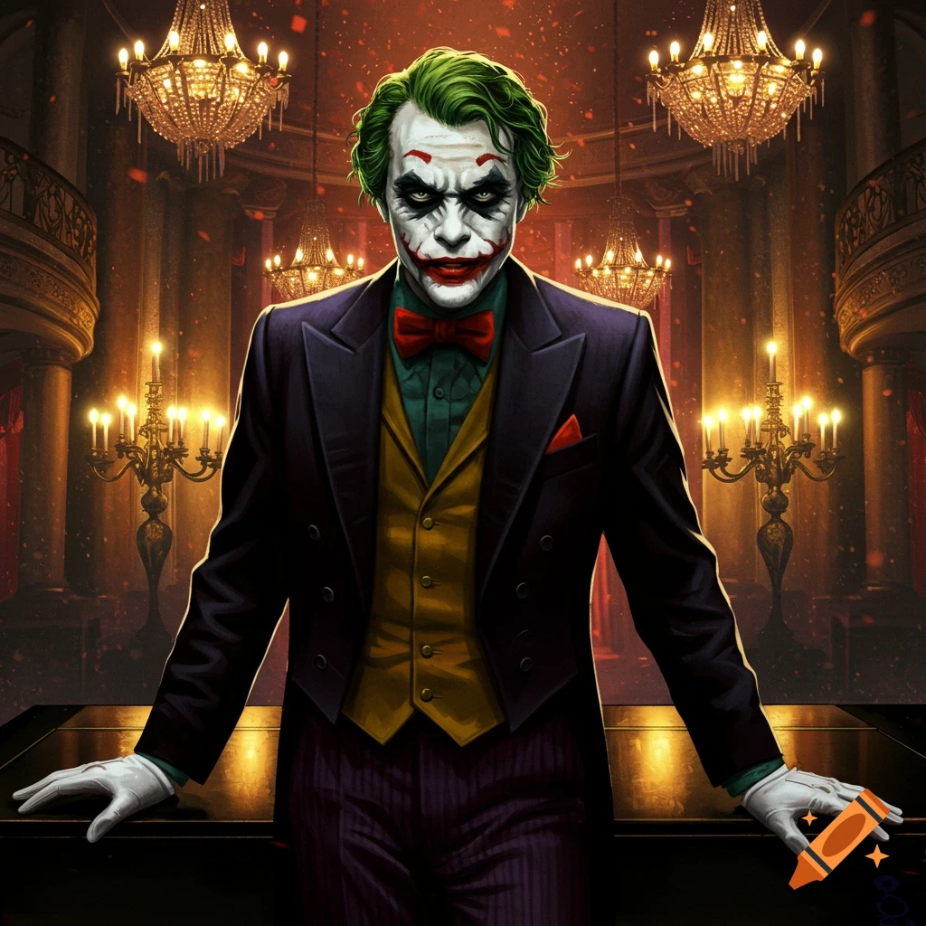 An illustrated portrait of the Joker in a tuxedo, standing in a lavish room with chandeliers.