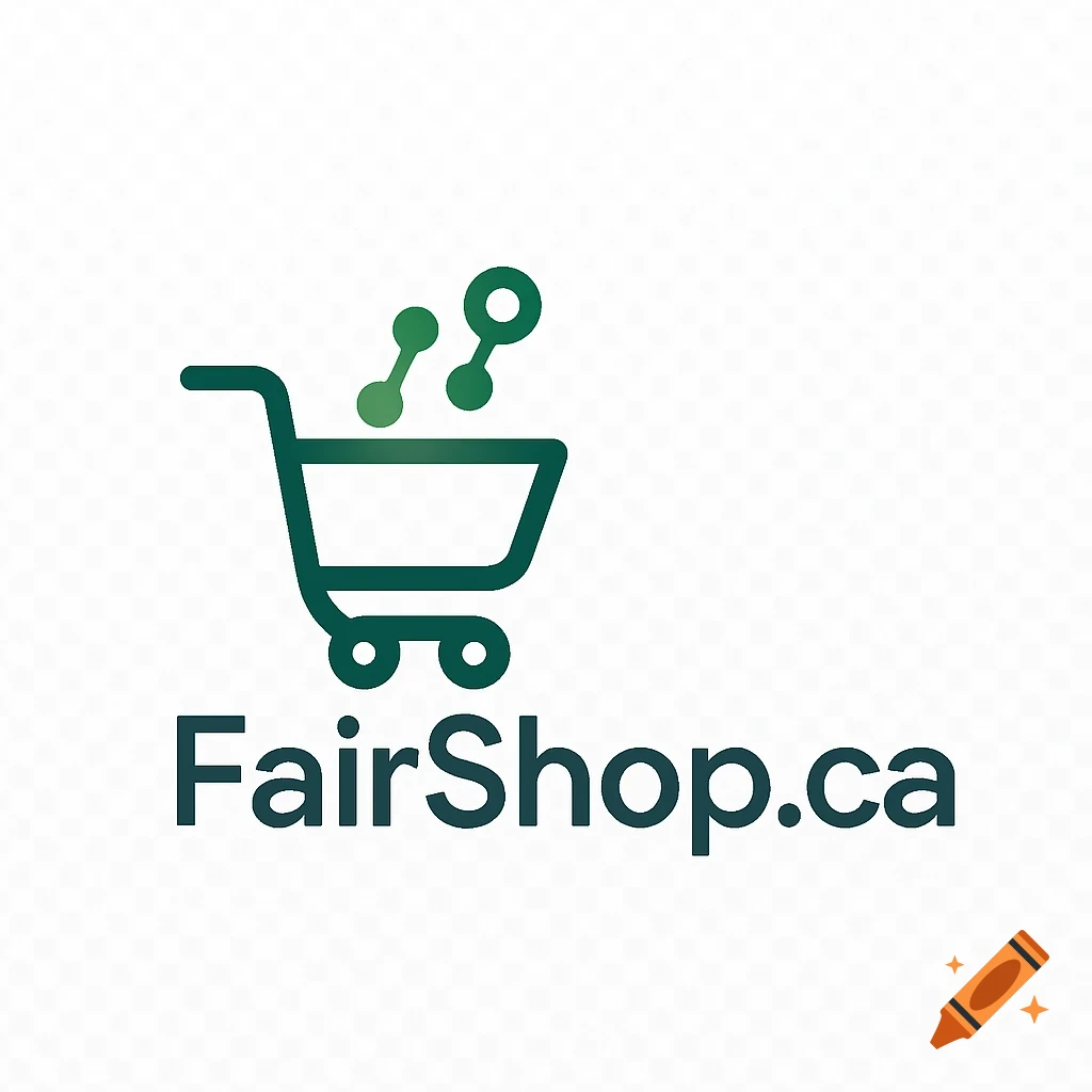 A green line art logo features a shopping cart with two connected circles floating above it, with the text "FairShop.ca" below.
