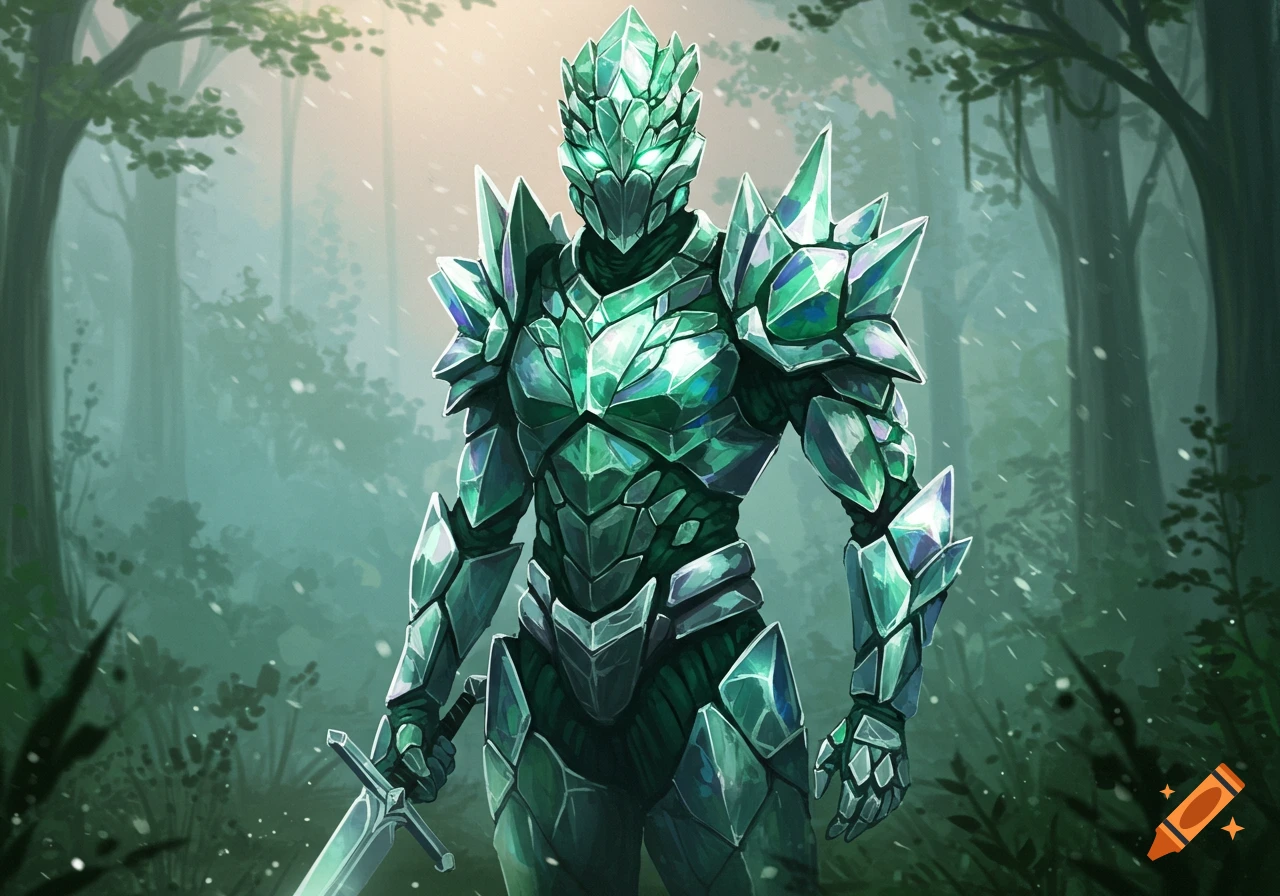 A formidable knight in glowing green crystal armor stands in a misty forest, holding a sword.
