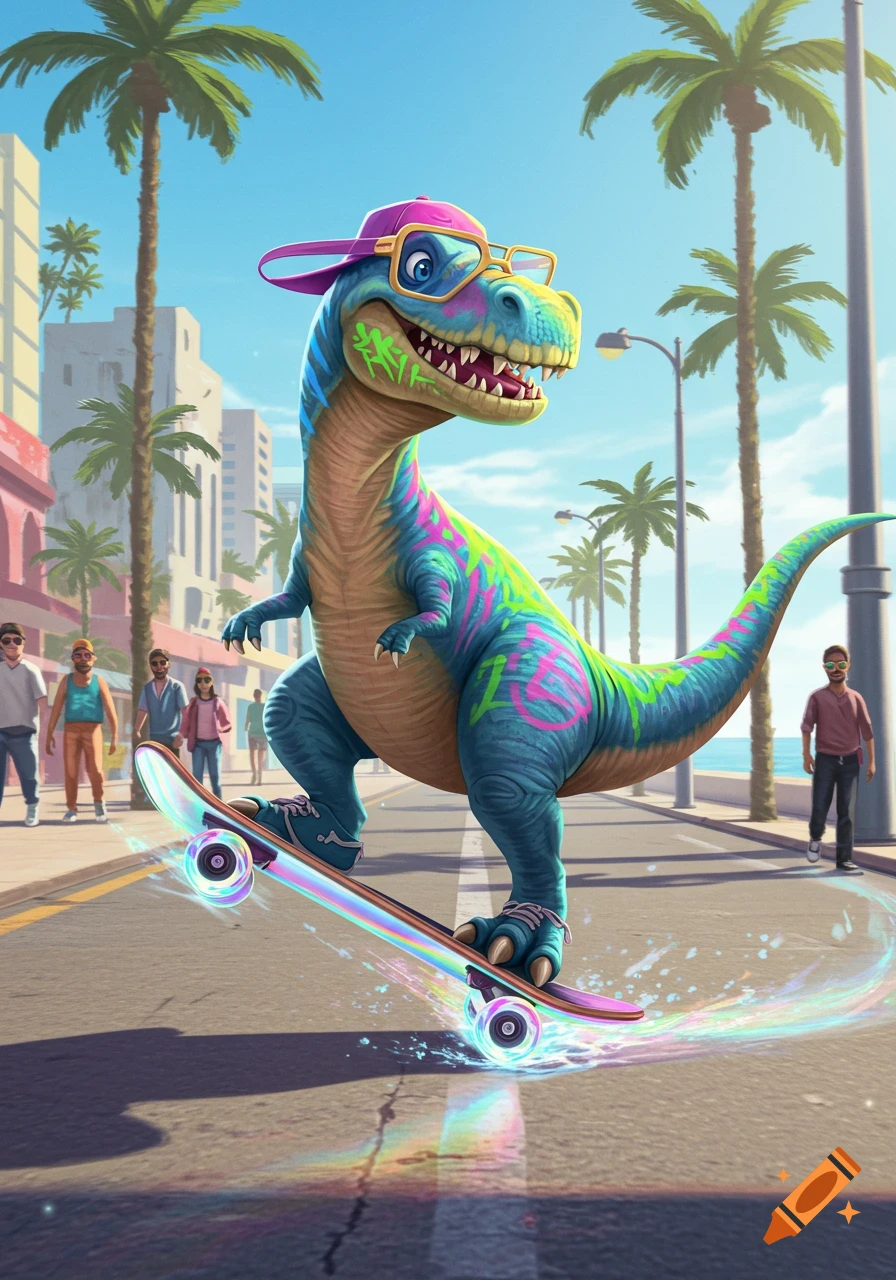 A cartoon dinosaur wearing a hat and glasses, covered in colorful graffiti, skateboarding down a city street lined with palm trees.
