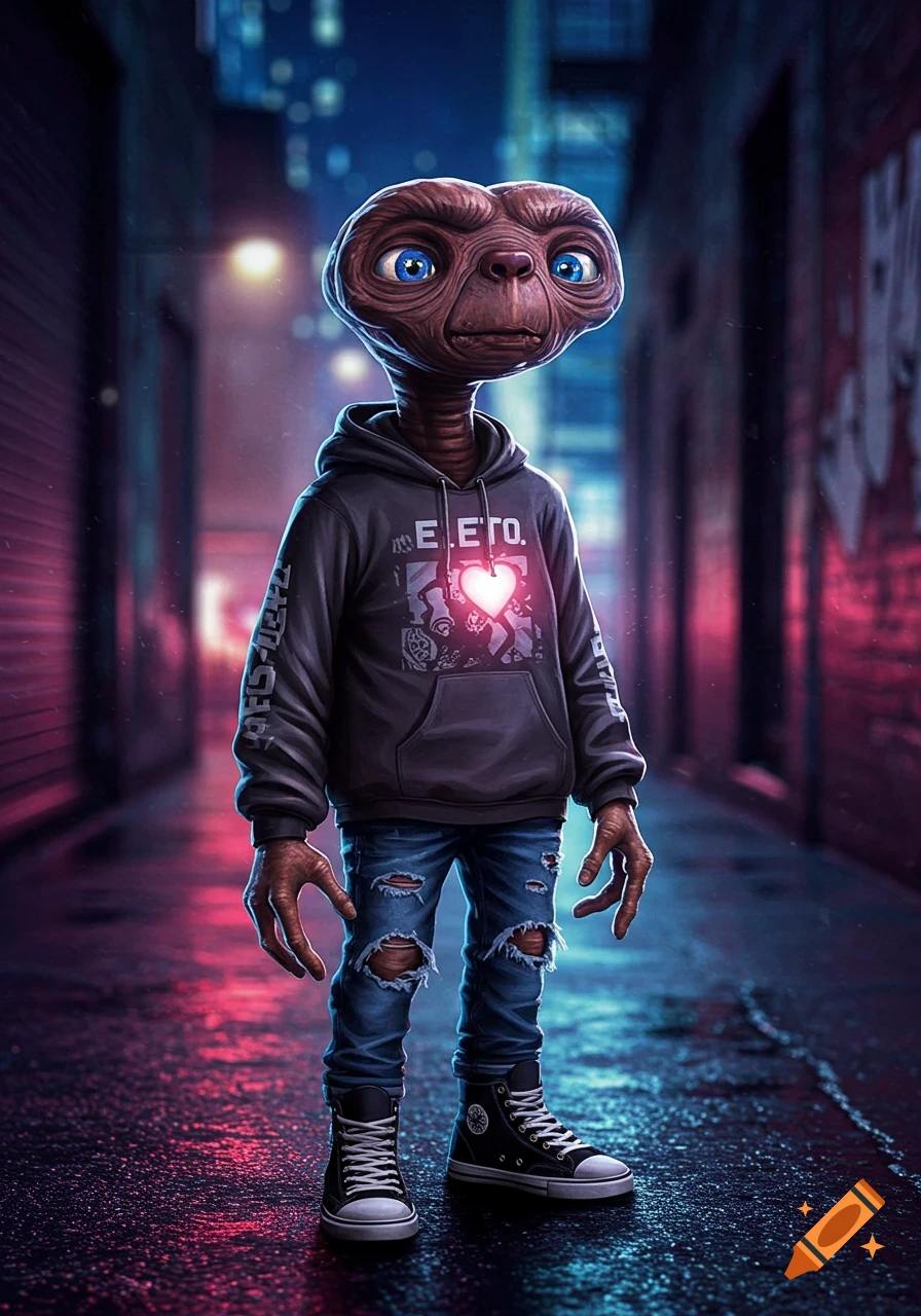 E.T. the extraterrestrial stands in a dark, neon-lit urban alleyway, wearing a black hoodie with 'E.E.T.O.' text, ripped jeans, and high-top sneakers. A glowing heart symbol appears on his chest.