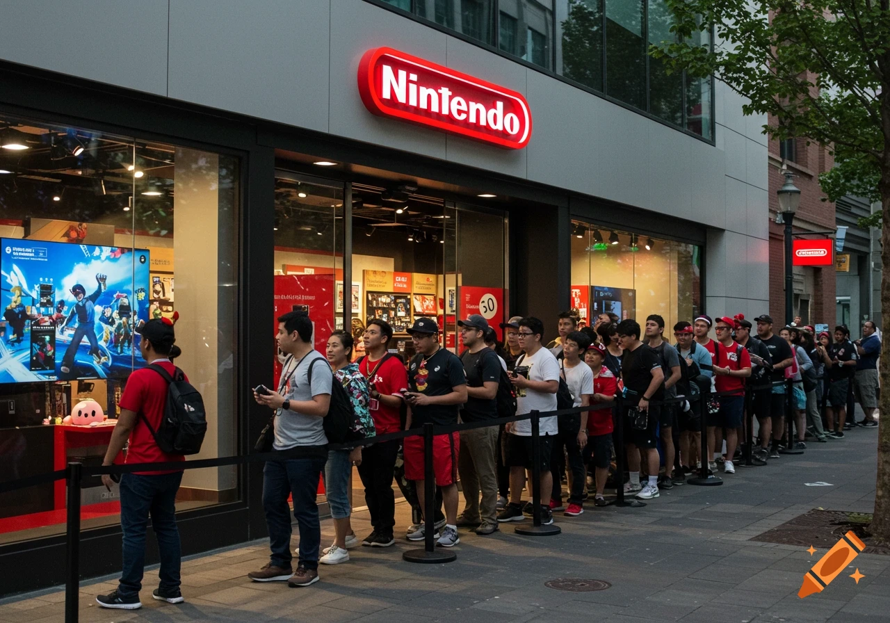 People queue outside a Nintendo store in a city.