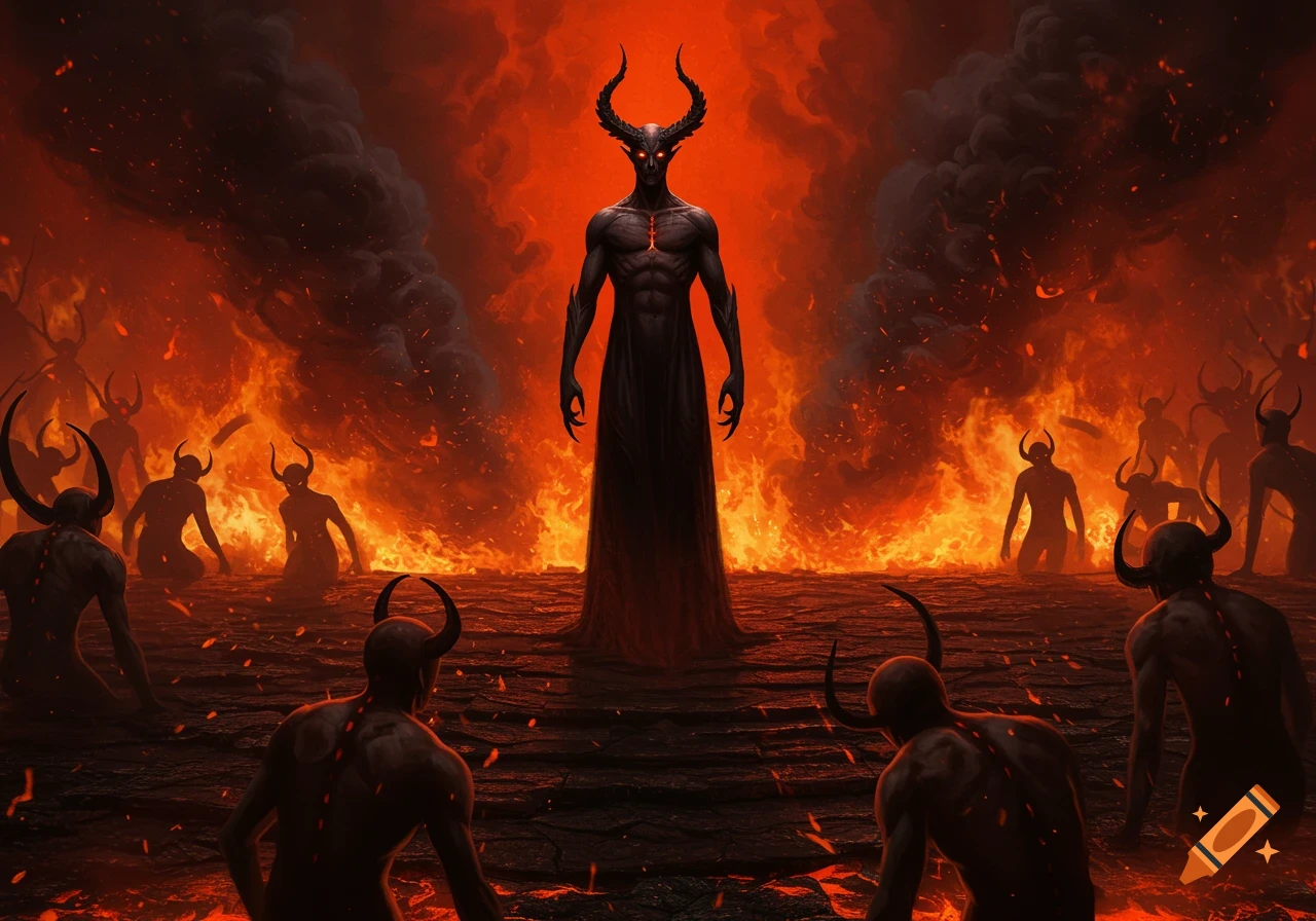 A towering horned demon with red eyes stands in a fiery hellscape, surrounded by smaller demons, in a dark fantasy style.
