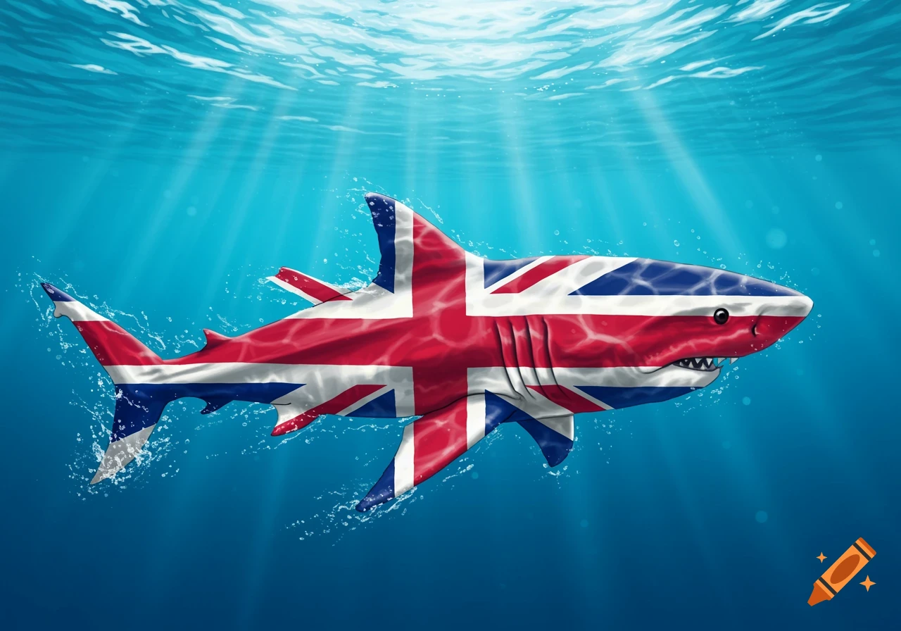 A shark with a Union Jack flag pattern on its body swims underwater with light rays shining through.