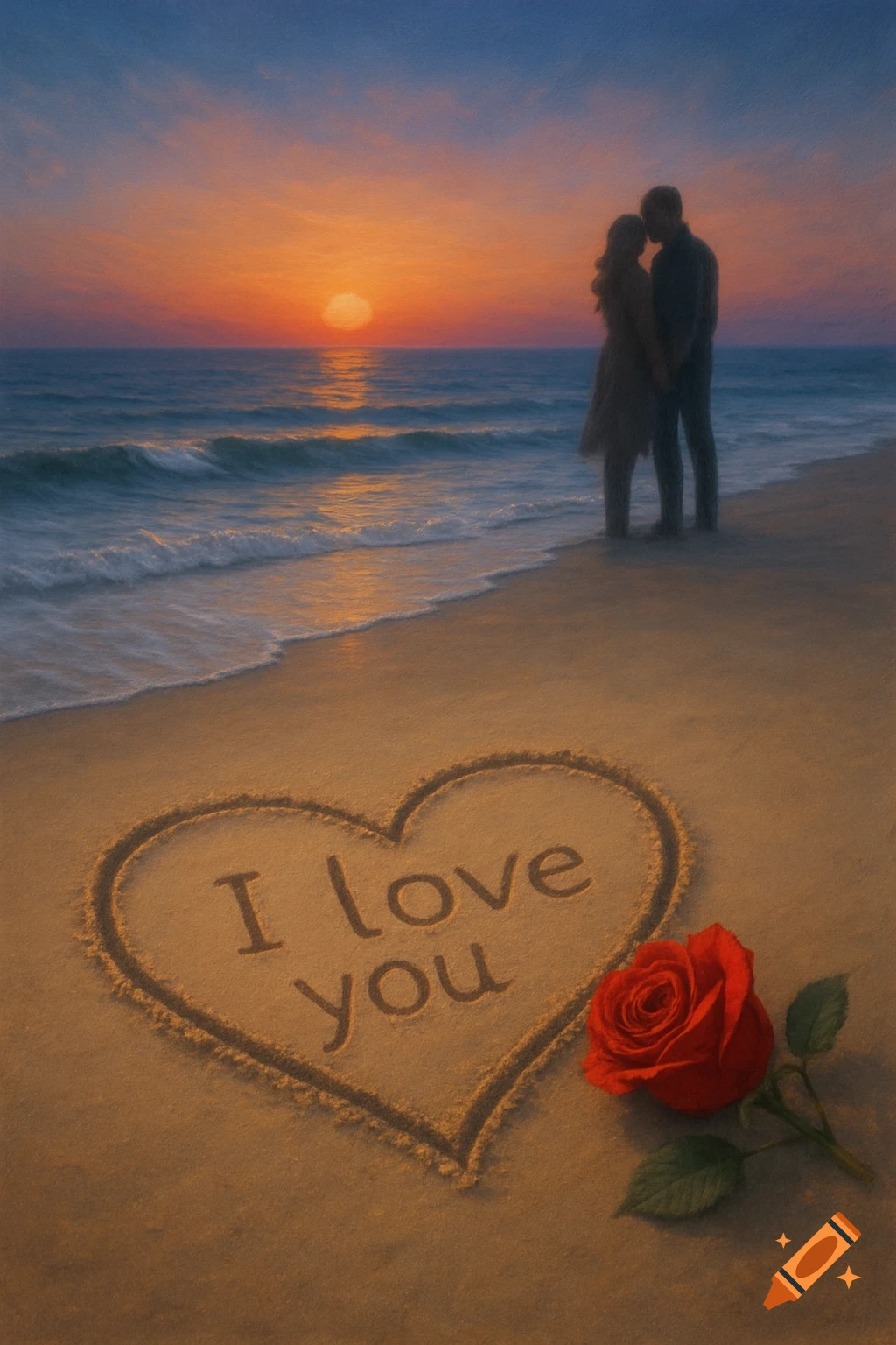 A couple embraces on a beach at sunset, with "I love you" written inside a heart in the sand next to a red rose.