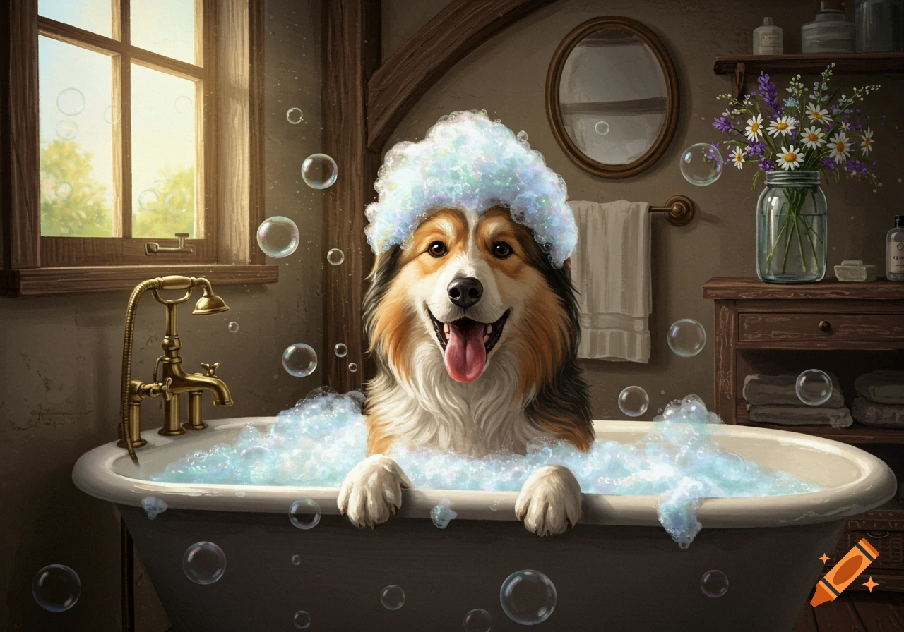 A happy dog with a bubble bath on its head and tongue out, sitting in a tub in a rustic bathroom with bubbles floating around.
