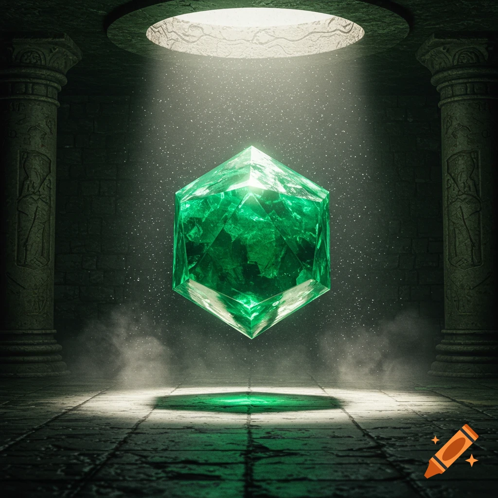 A large, faceted emerald-green crystal floats in a dark, mysterious ancient ruin, illuminated by a beam of light from above.