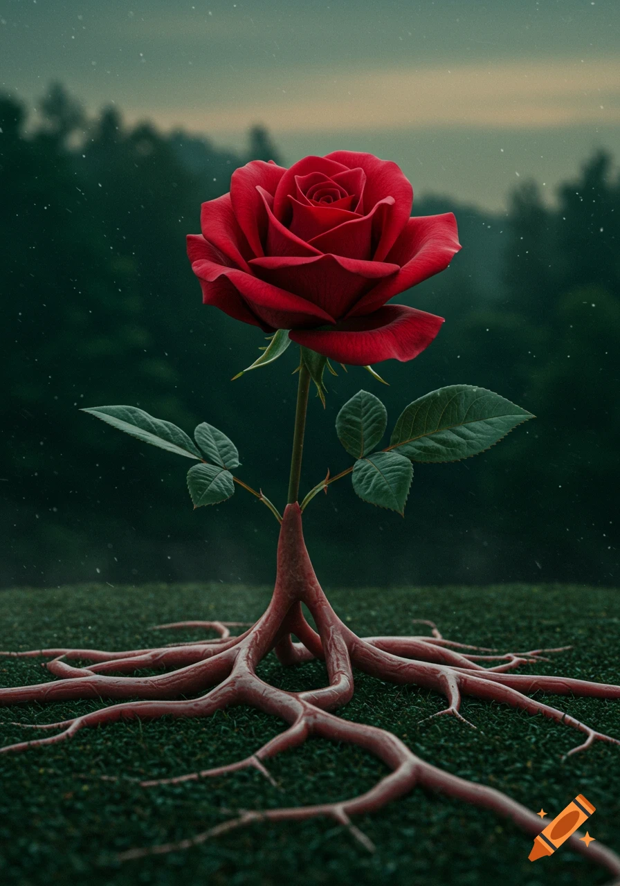 A vibrant red rose with intricate, human vein-like roots grows in dark green grass under a muted, cloudy sky with falling specks.