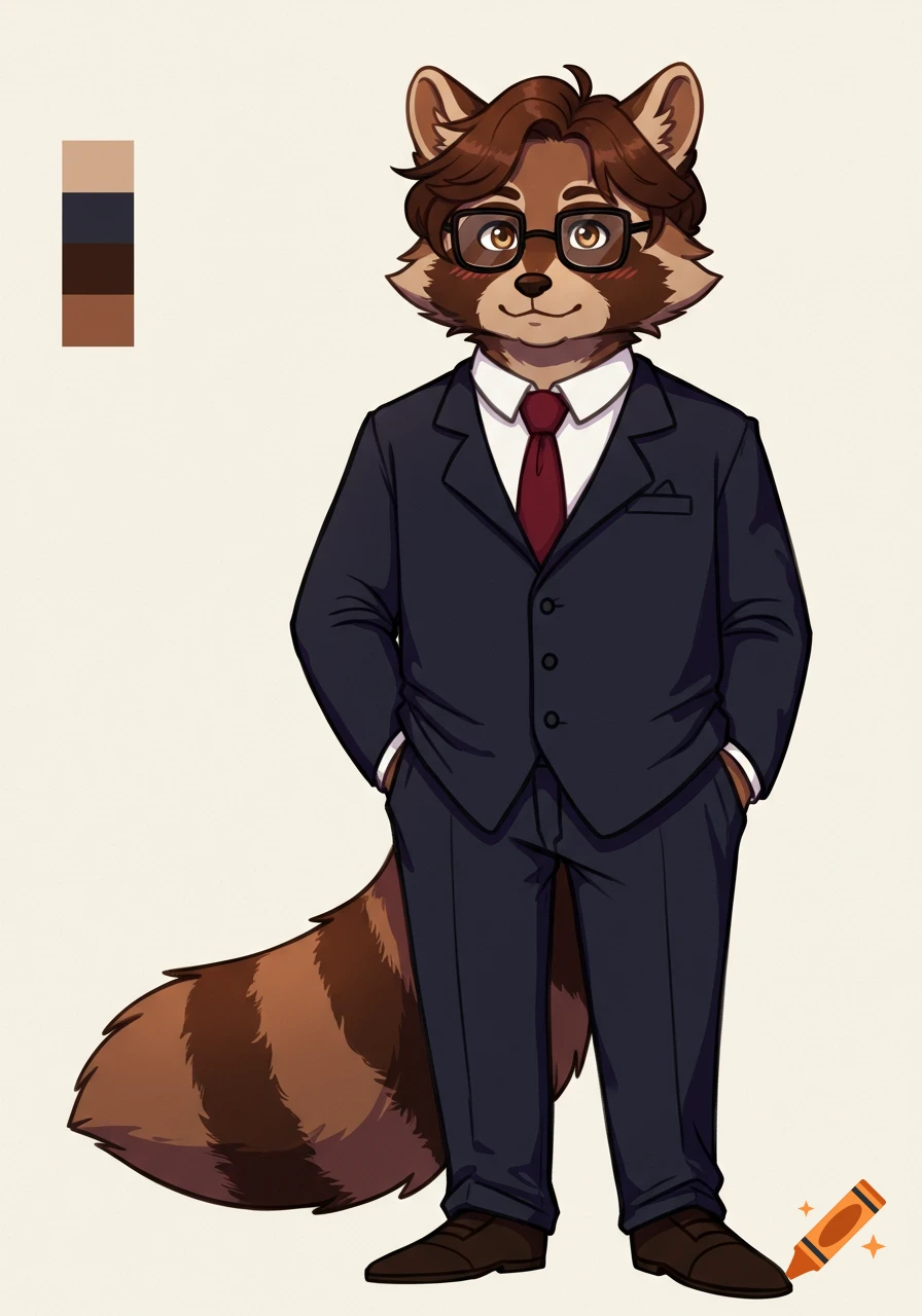 A full-body cartoon anthropomorphic raccoon wearing a dark navy suit, white shirt, and burgundy tie, with black glasses, on a plain background.