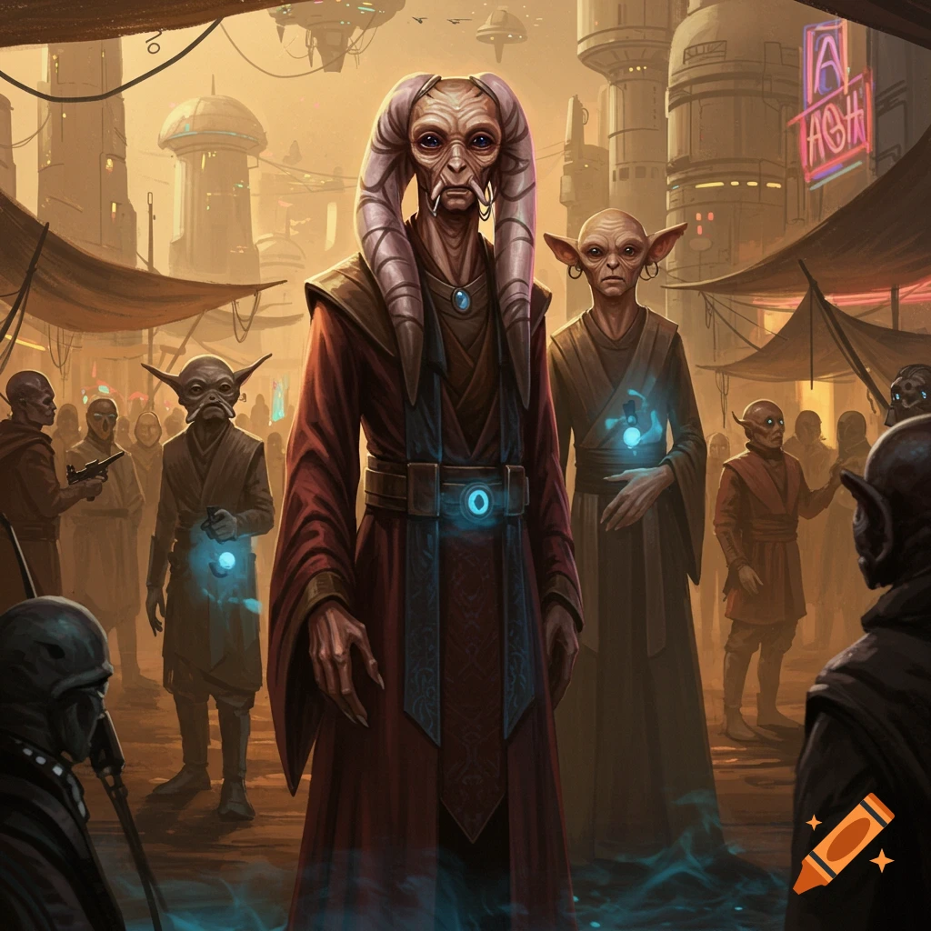 An illustration of alien figures, including a tall one with large horns, in a bustling, futuristic market on an alien planet.
