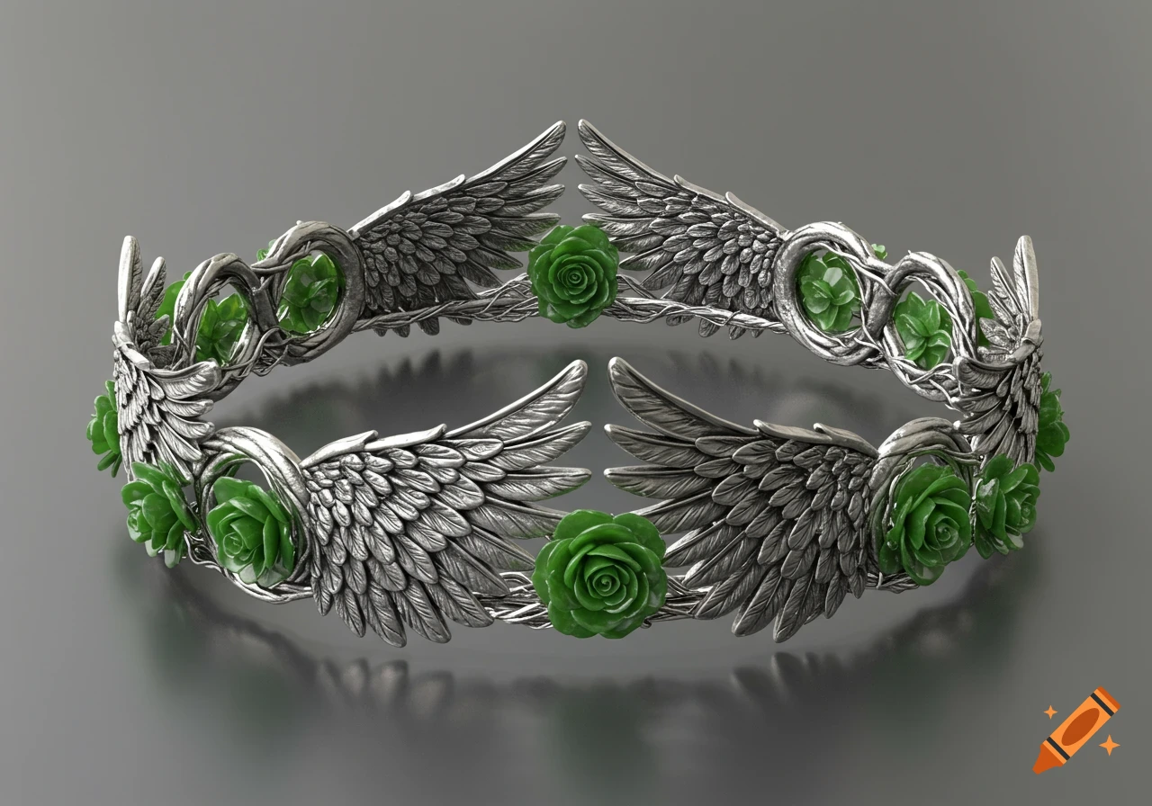 A silver crown adorned with intricately detailed eagle wings and vibrant green jade roses, against a dark grey background.