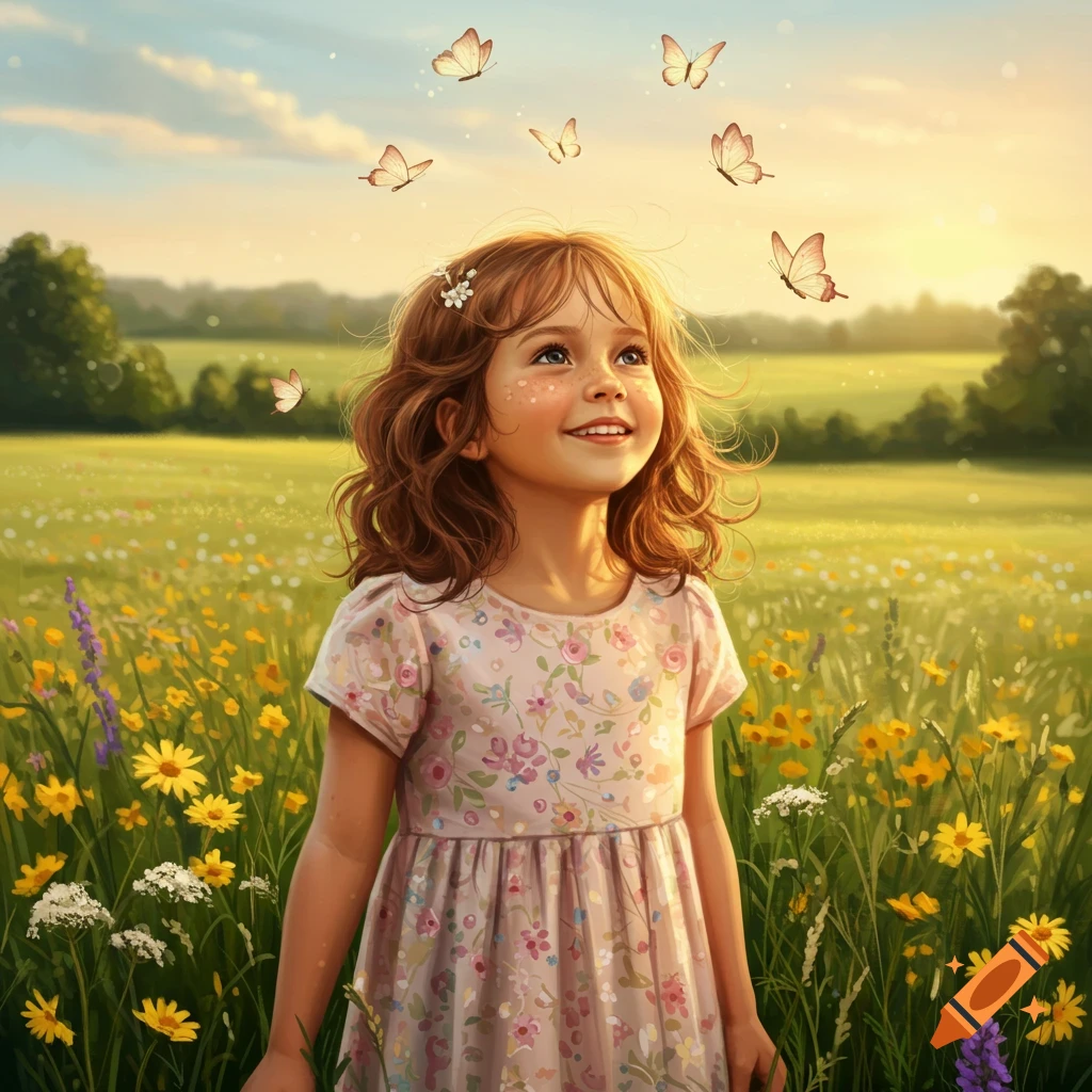 A young girl with freckles and brown hair smiles, looking up at butterflies in a sunlit field of wildflowers.
