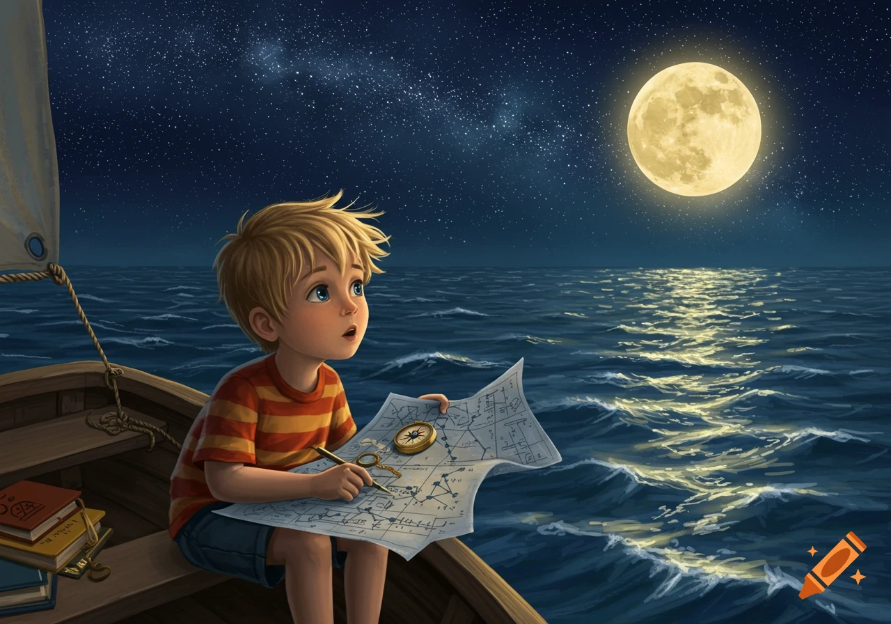 A cartoon boy in a boat studies a map under a starry night sky with a large full moon reflecting on the ocean.