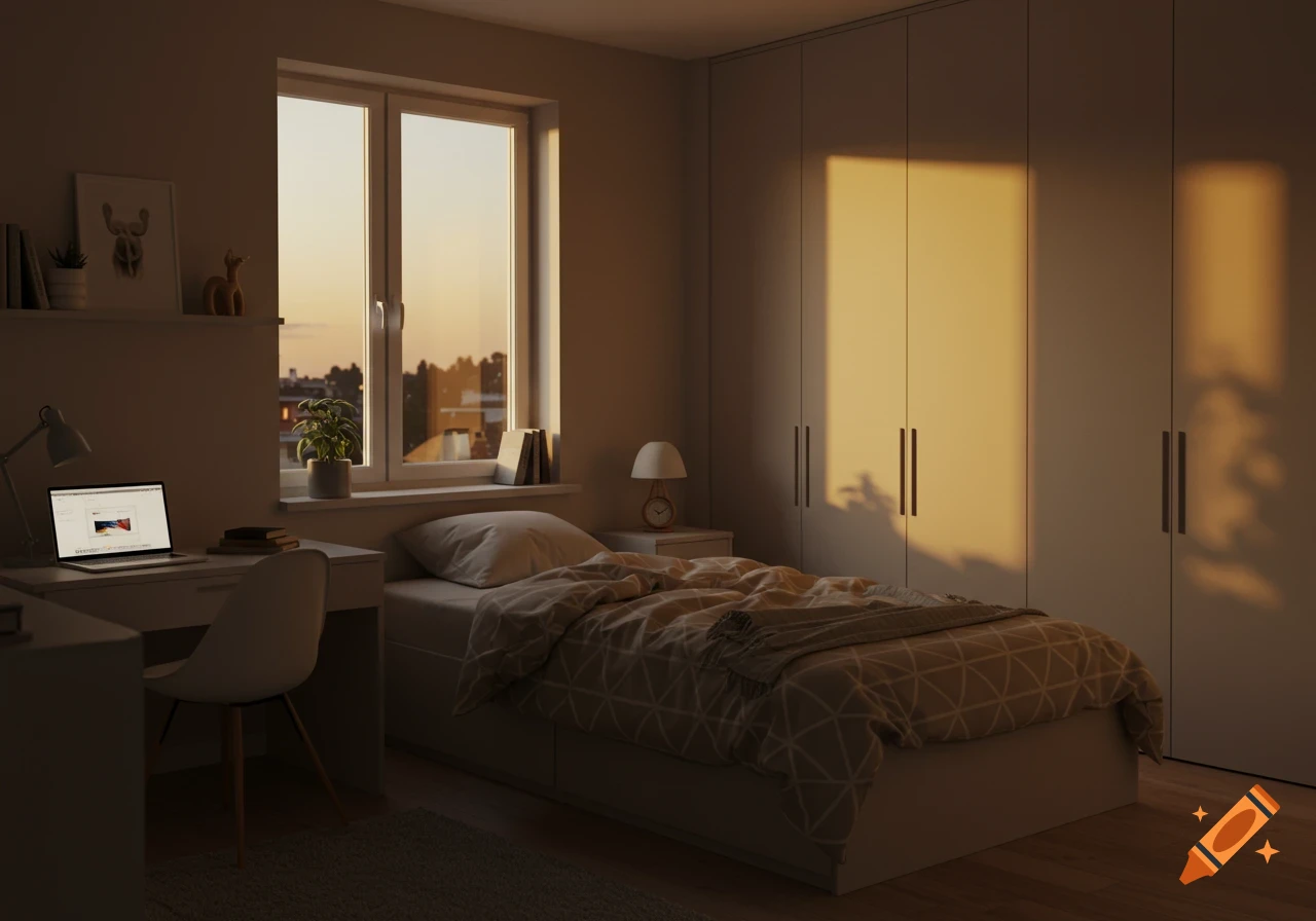 A cozy bedroom bathed in warm afternoon sunlight, featuring a window, a single bed, a desk with a laptop, and a built-in closet.