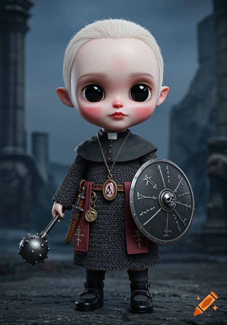 A stylized doll character with big innocent eyes and rosy cheeks wears a priest's cassock over chainmail, holding a battle mace and a shield with a skull.