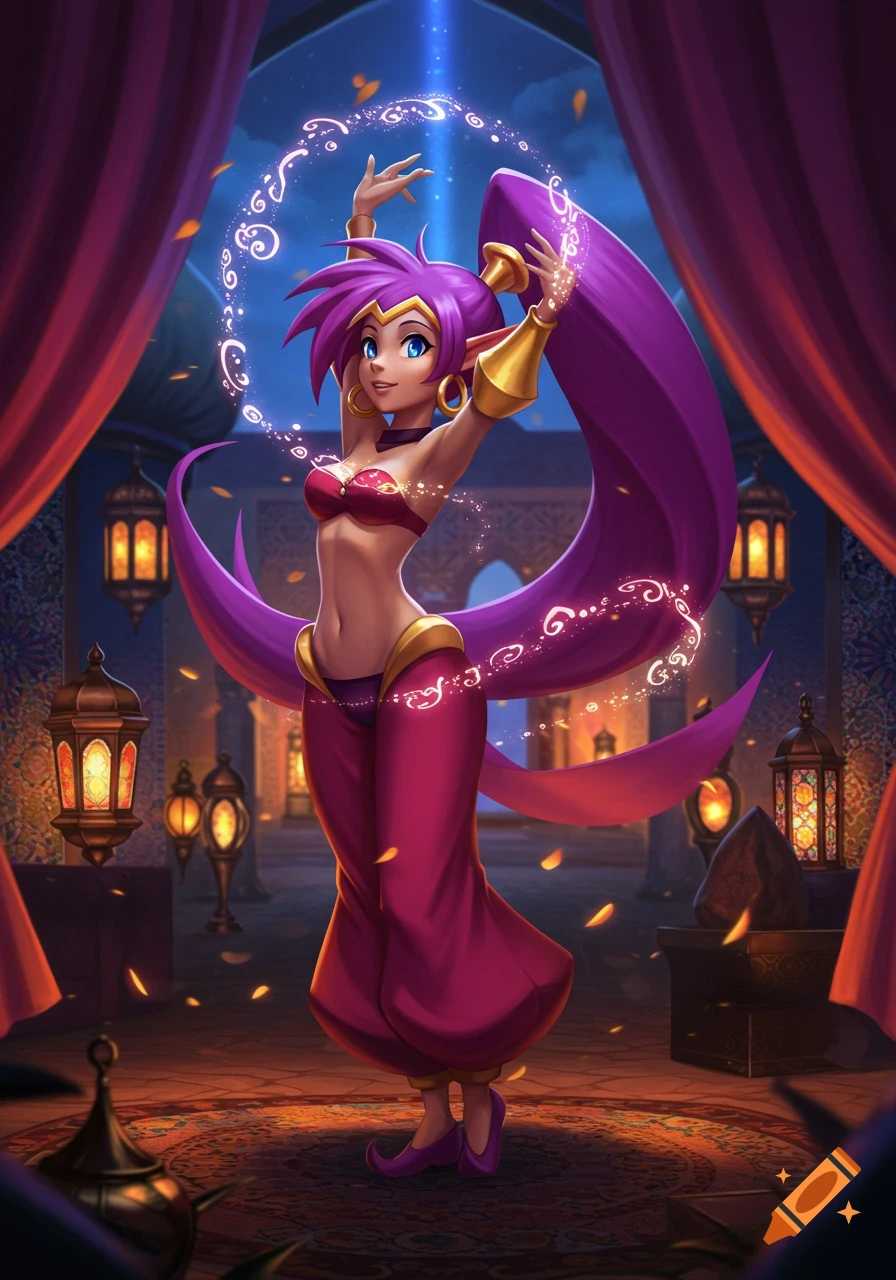 A vibrant anime-style character with long purple hair and a red genie outfit dances in a Moroccan-themed room with glowing magic.
