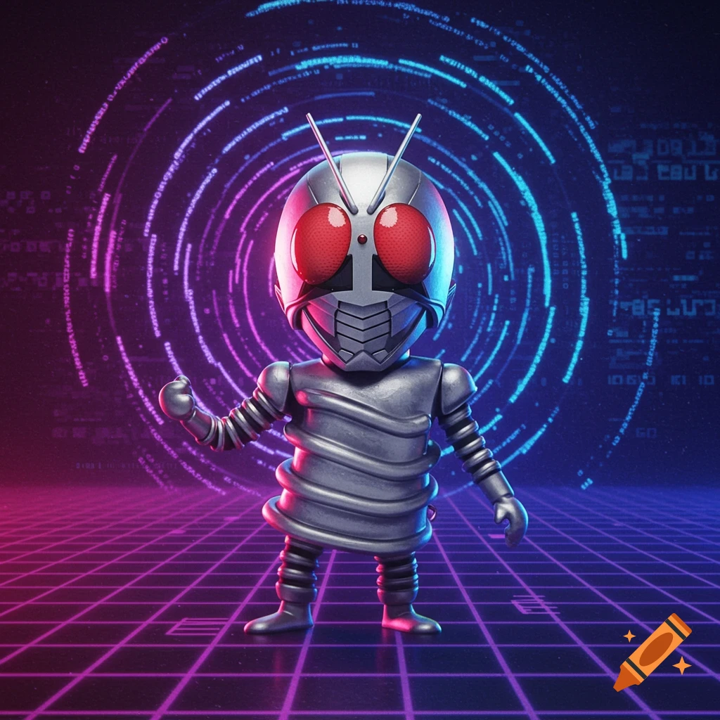 A chibi robot resembling Kamen Rider with a silver body and red eyes stands on a neon grid floor with a digital vortex background.