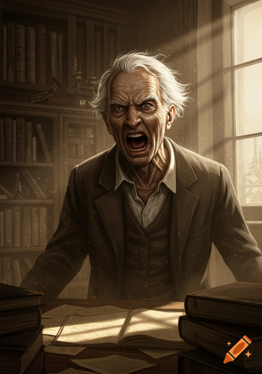 An enraged old man with white hair shouts from behind a desk covered in papers and books in a shadowy library.