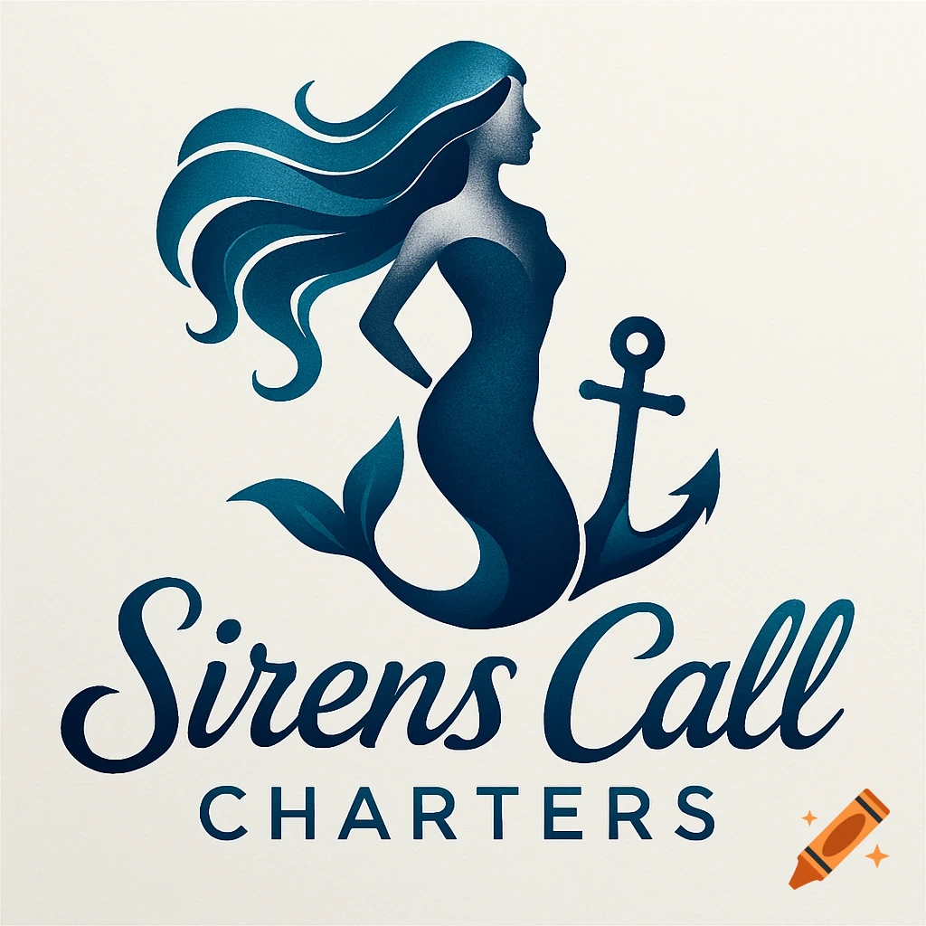 Stylized logo featuring a dark blue mermaid with flowing hair and an anchor, with text 'Sirens Call CHARTERS'.