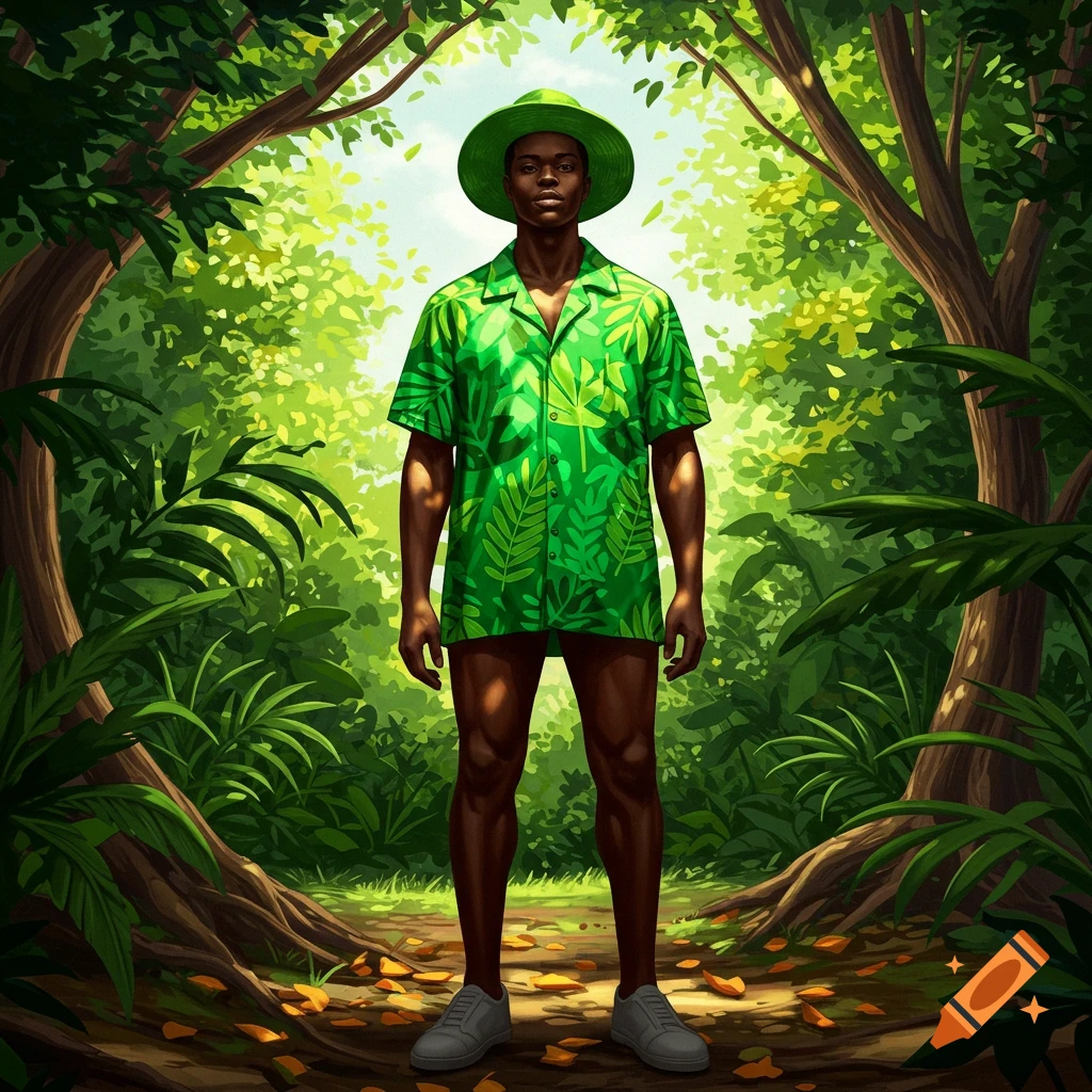 A Black man in a green leafy shirt and hat stands on a forest path with sunlight filtering through trees, in an illustrative style.