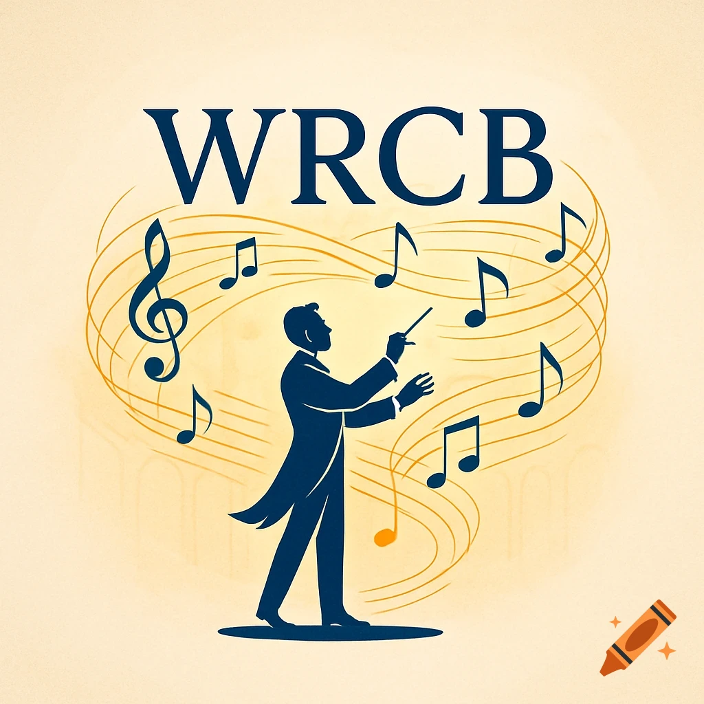A stylized logo with a silhouette of a conductor surrounded by music notes and swirling lines, with 'WRCB' at the top.