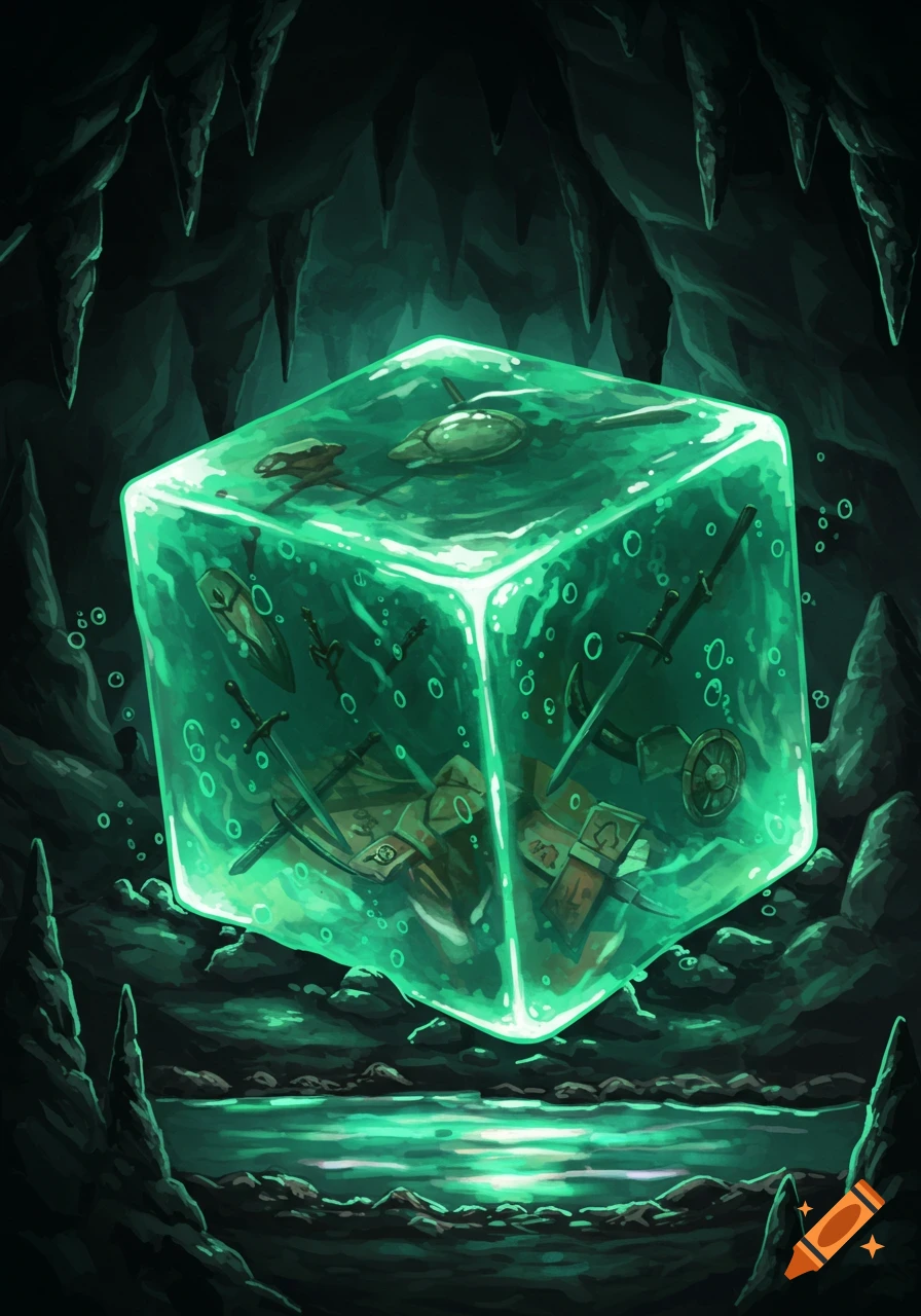 A glowing green gelatinous cube monster with weapons and books suspended inside, floating in a dark cave above a luminous pool of water.