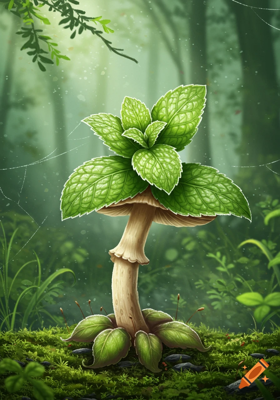 A stylized illustration of a mushroom with mint leaves growing on top, in a verdant forest setting.