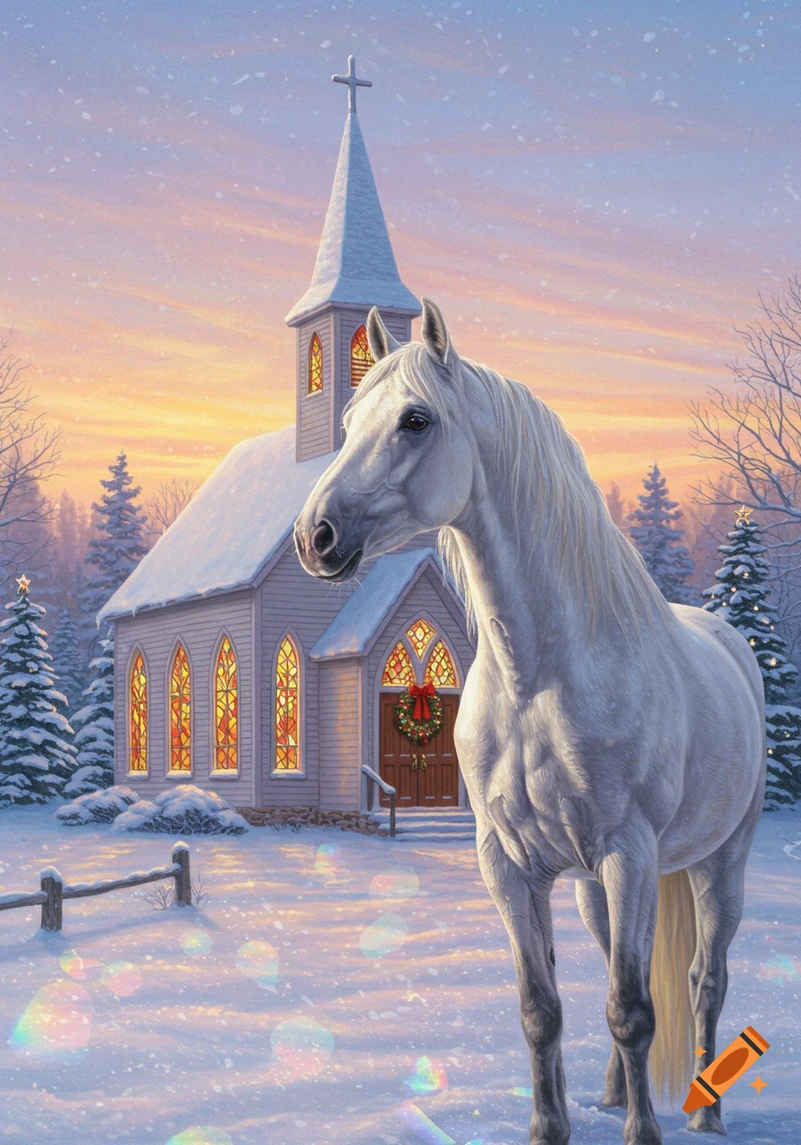 White horse stands before a snow-covered church with glowing windows and a Christmas wreath at golden sunset, with iridescent snow.