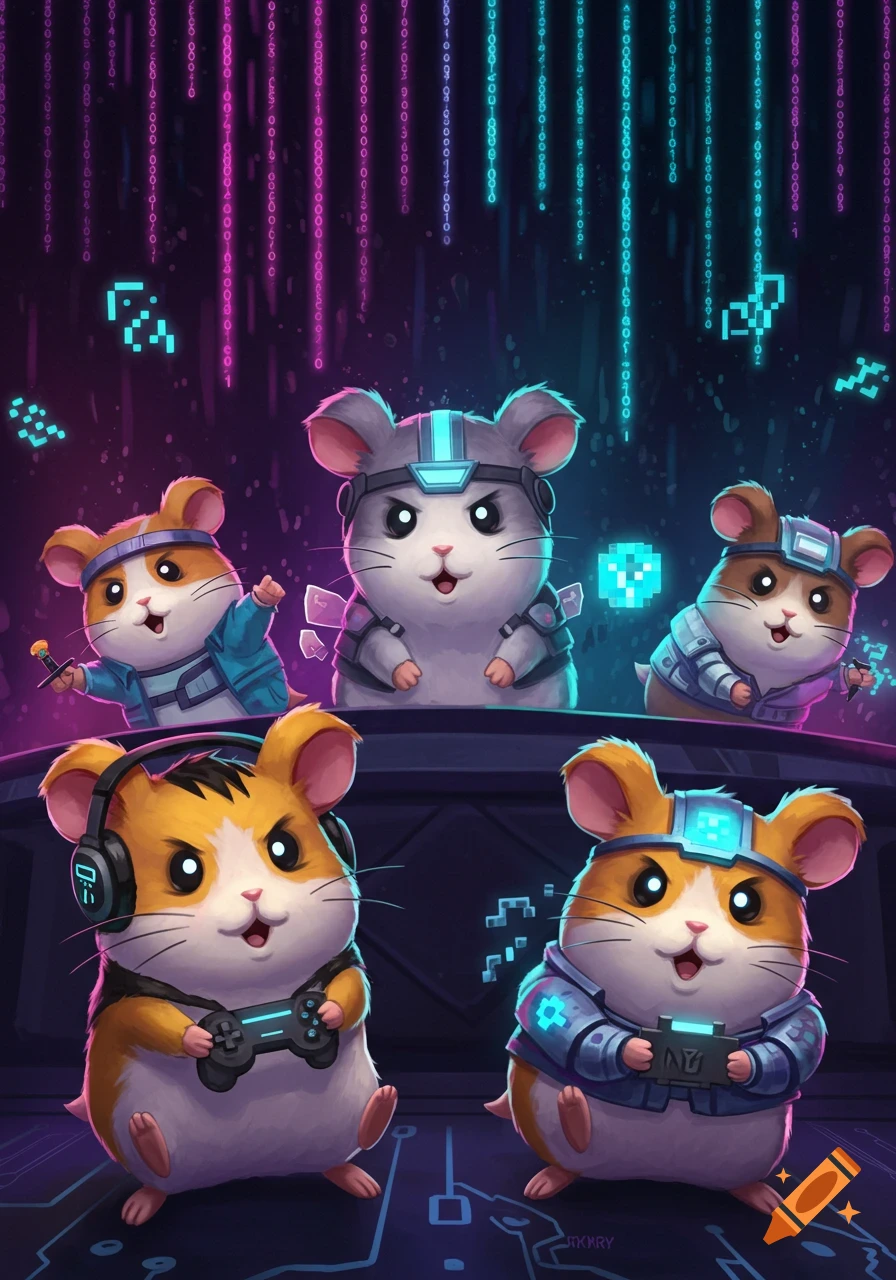 Five cartoon hamsters in a vibrant neon digital setting, dressed in gamer gear, holding controllers, with binary code falling in the background.