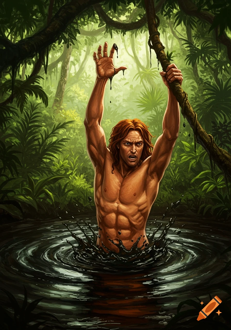 A muscular Tarzan-like man struggles in a dark, murky pit, reaching up with one hand while holding a vine with the other in a dense, green jungle. Digital art.