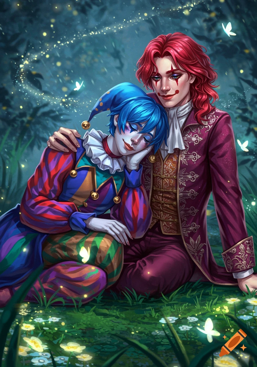 Digital painting of a red-haired character in a purple coat holding a blue-haired jester resting in their lap in a magical, glowing forest.