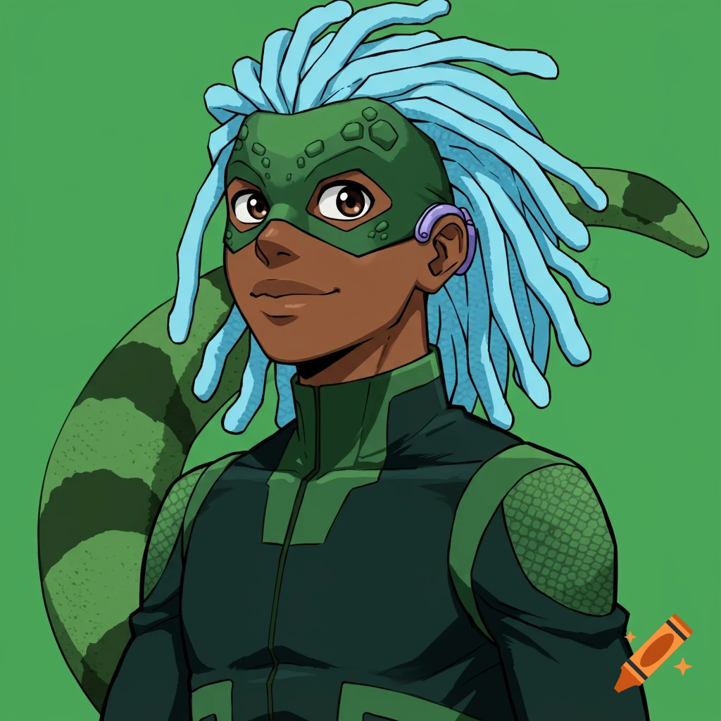 Anime-style portrait of a Black male superhero with light blue dreadlocks, a green iguana mask, and a scaled suit with a tail, on a green background.