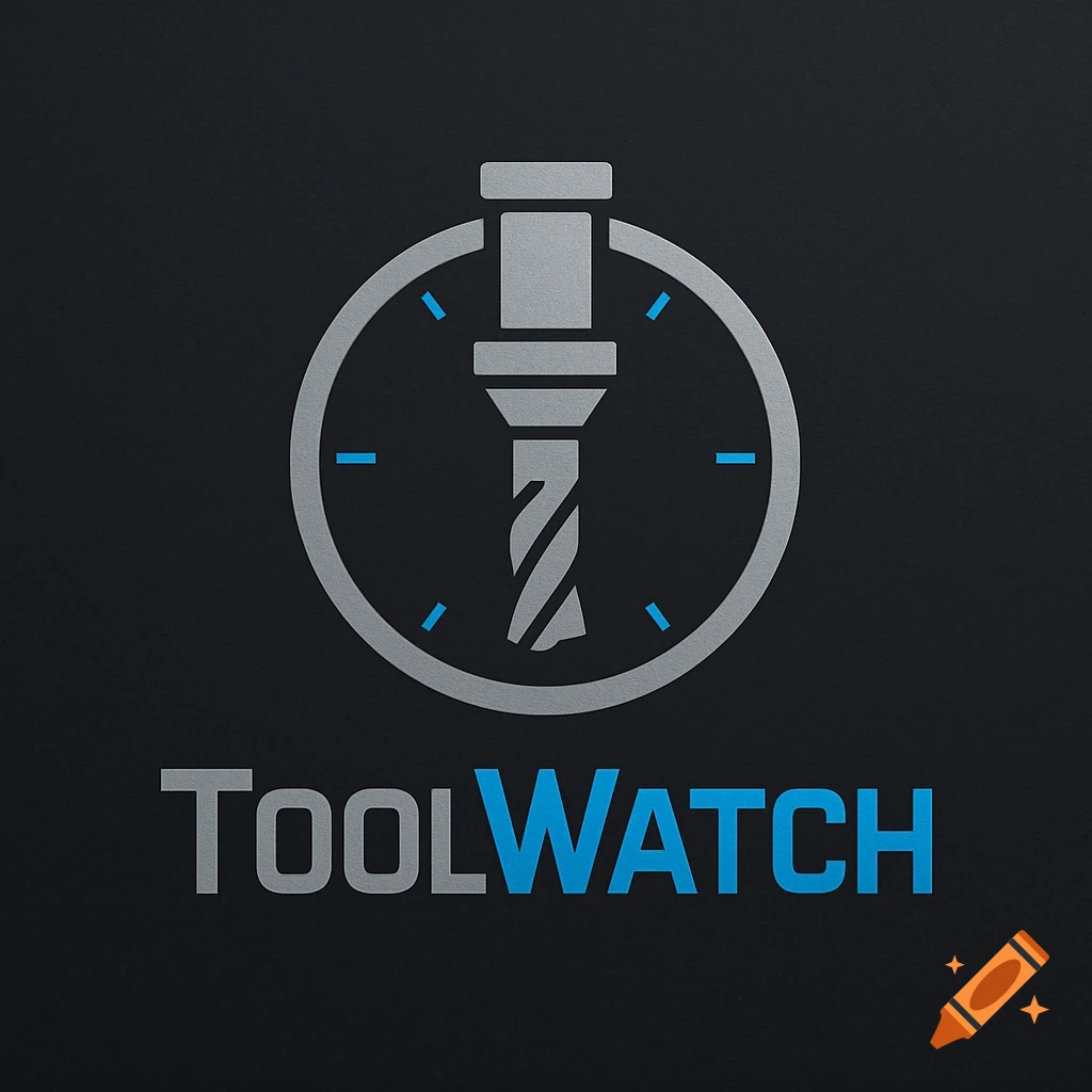Modern grey and blue logo for ToolWatch, featuring a drill bit within a clock circle on a dark background.