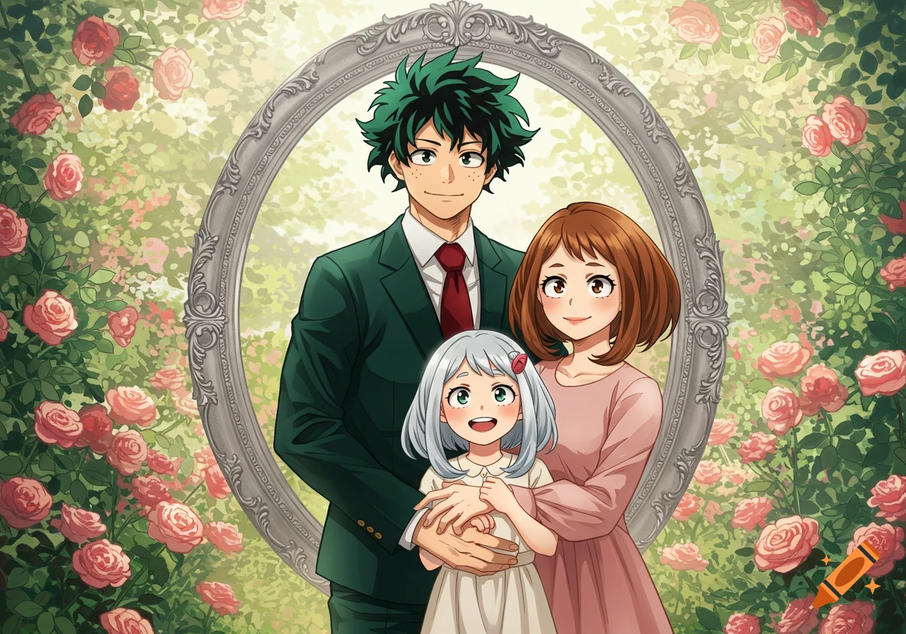 Anime illustration of Izuku Midoriya and Ochako Uraraka with Eri as their adopted daughter, posing in a decorative frame surrounded by roses.