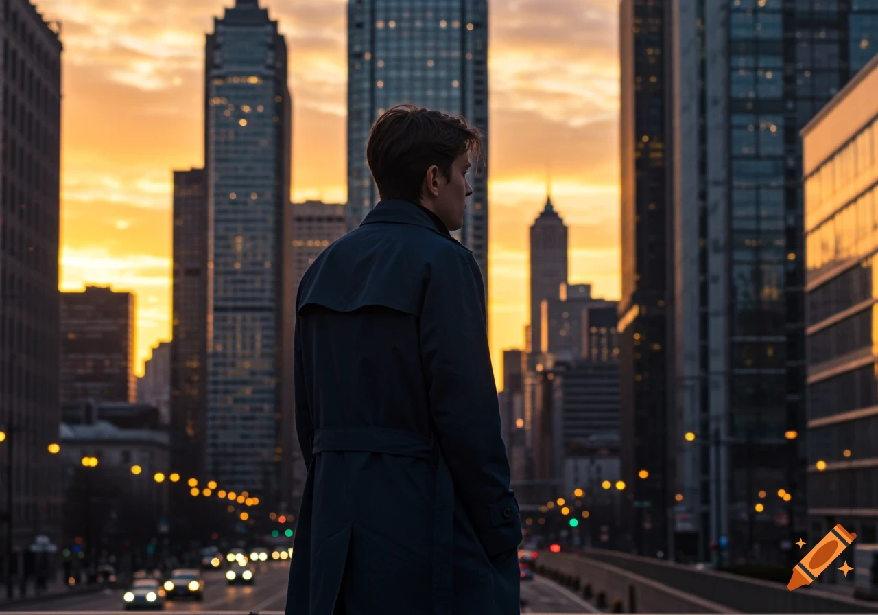 A person in a coat looks at a photorealistic city skyline during sunset.
