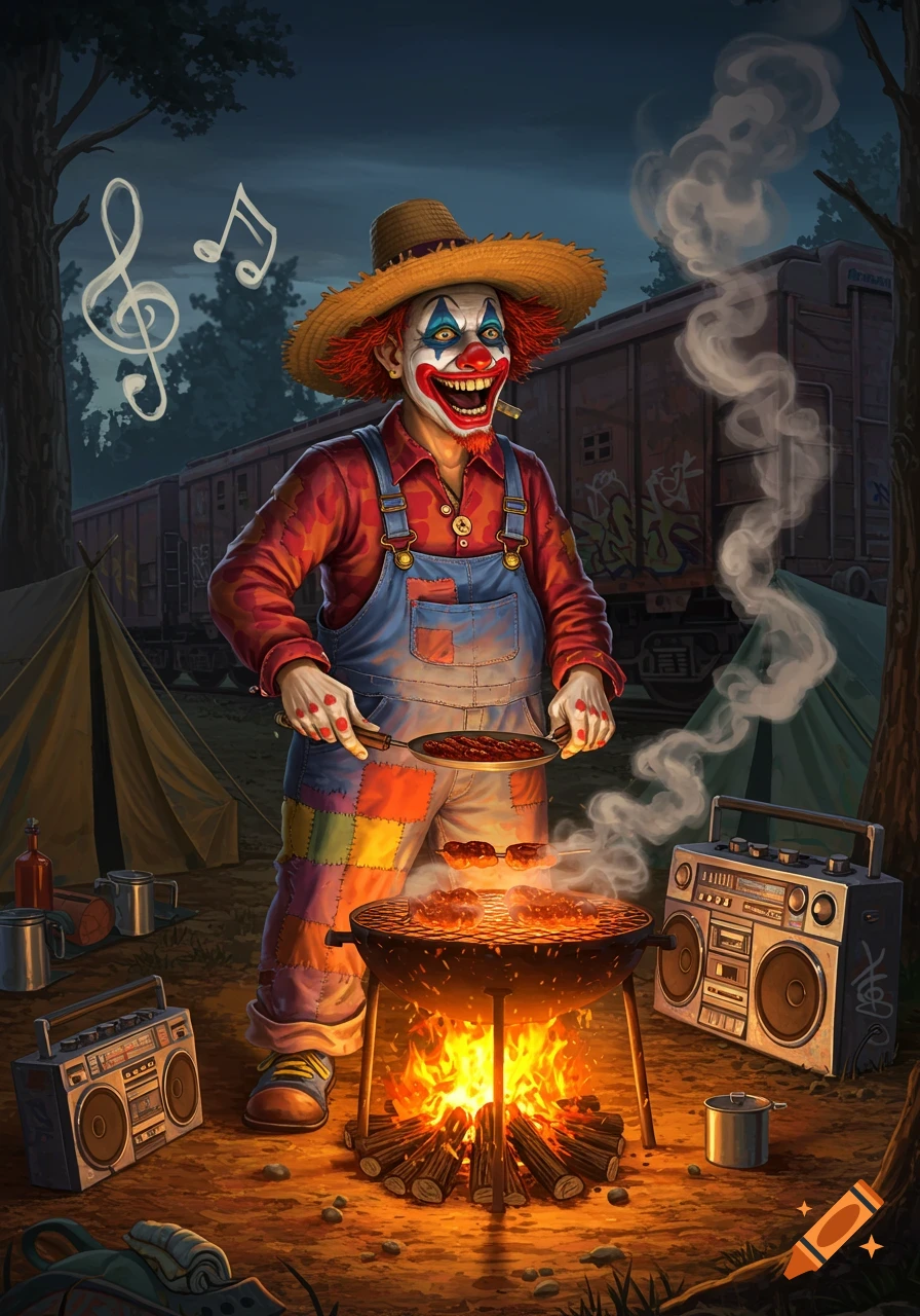 A redneck clown in a straw hat and patchwork overalls grills food at a campsite by a train, with boomboxes nearby.