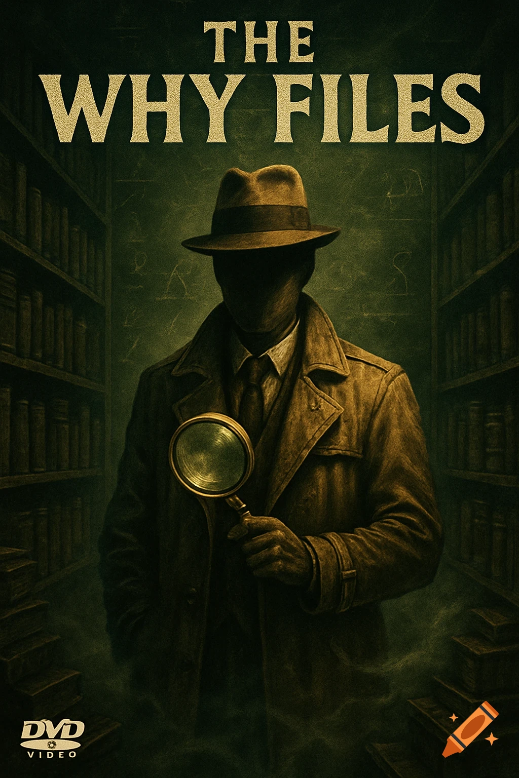 A shadowy detective in a fedora and trench coat holds a magnifying glass in a dark library. Text: 'THE WHY FILES' and 'DVD VIDEO'.